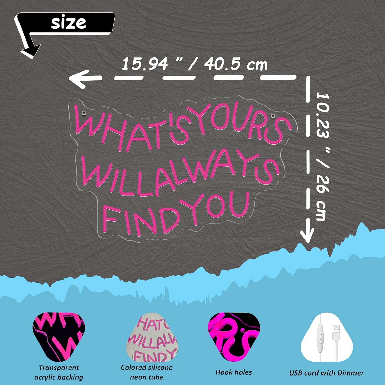 What's Yours Will Always Find You Pink LED Neon Sign for Wall Decor, 15.9"x10.2", an Aesthetic Affirmation Quote Light for Bedroom, Dorm, Studio, Office, Unique Gift