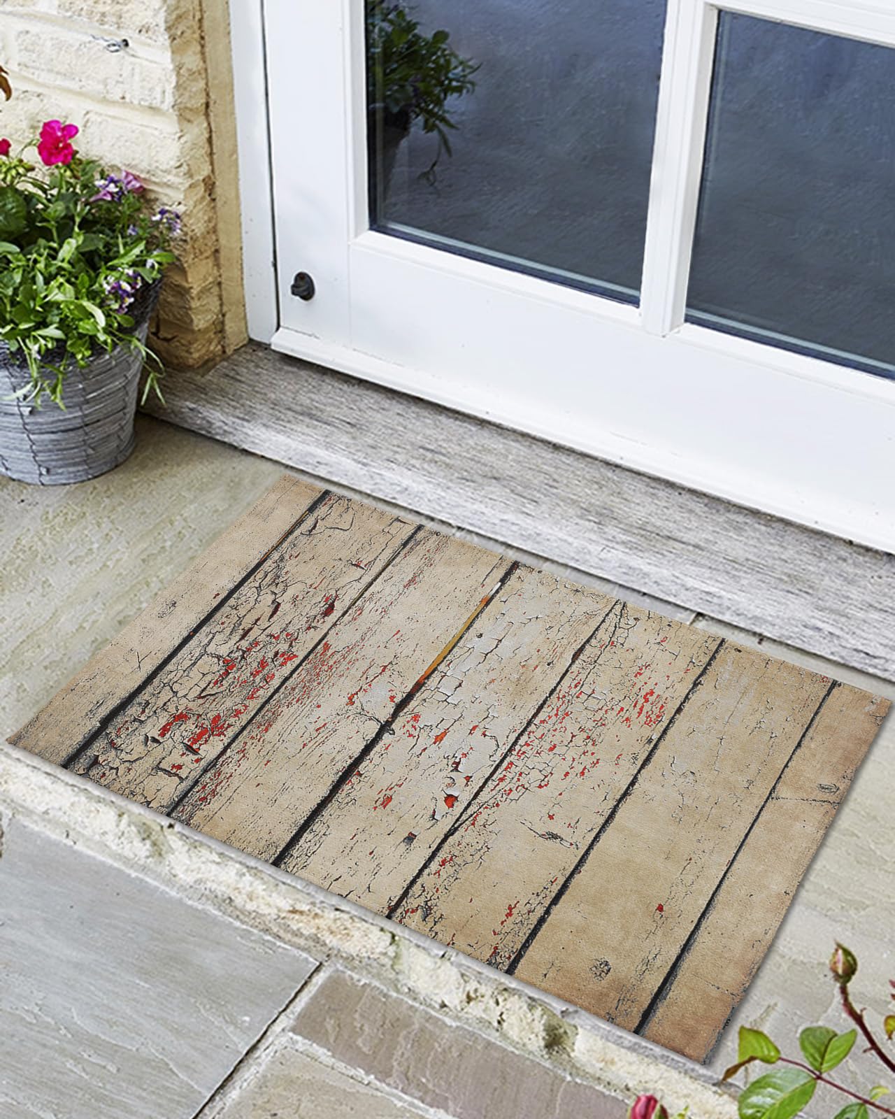 Front Door Mat, Non - Slip Absorbent Door Entry Mats, Doormats Indoor/Outdoor Entrance Small Rugs, Farmhouse Old Wood Plank Rustic Wooden Board