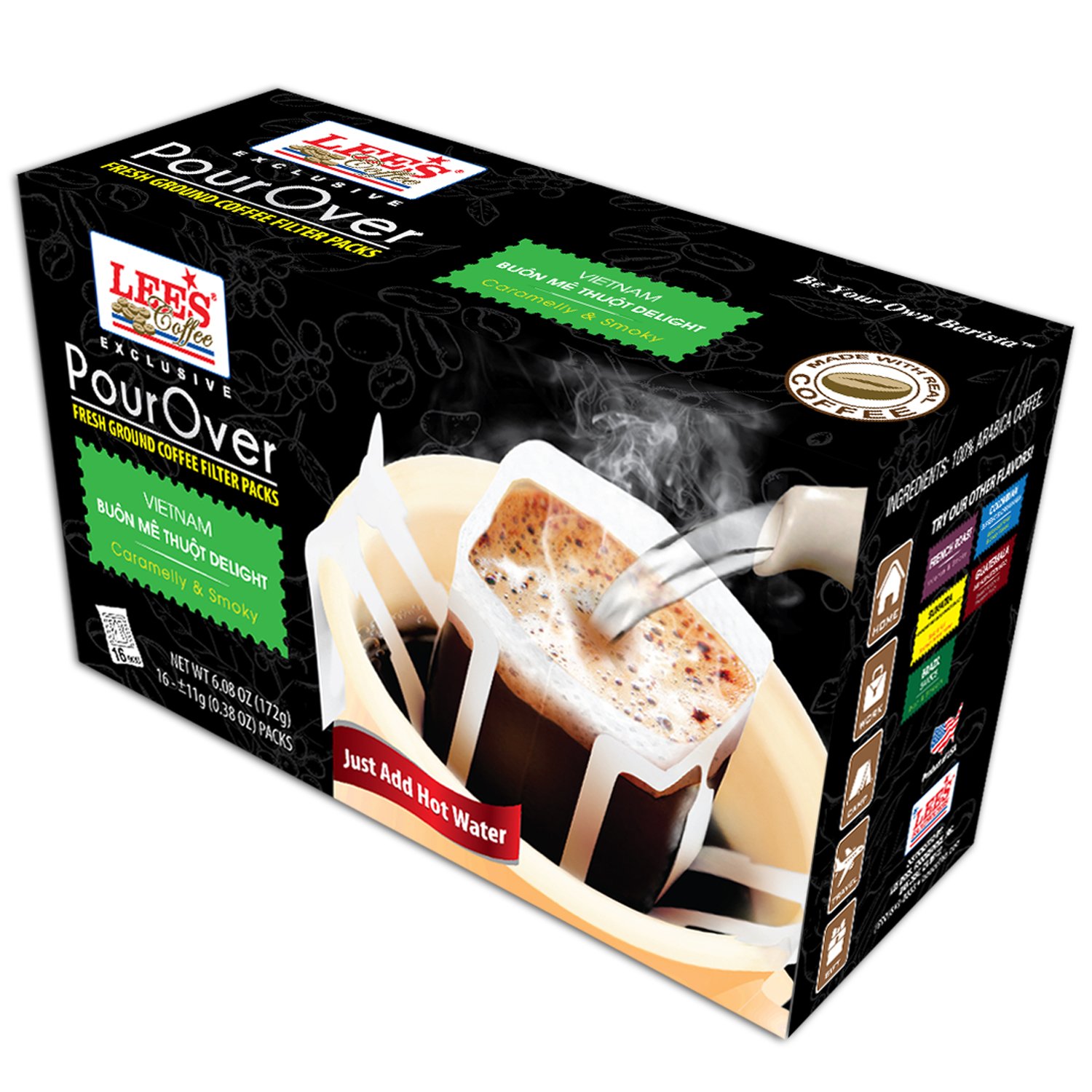 Lee's Coffee Pourover Exclusive Fresh Ground Coffee Filter Packs, Vietnam Buon Me Thuot Delight, 16 Count