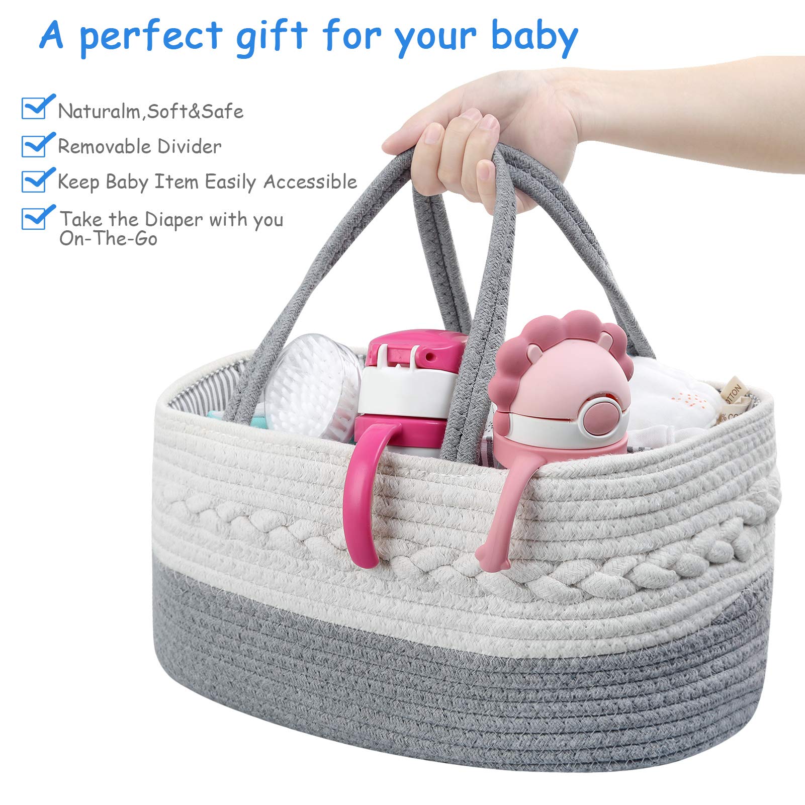 Ballery Baby Pannolino Caddy Organizer, 3 Scomparti Portatile per Bambini, Cestino Portaoggetti per Pannolini, Organizer da Auto con Divisorio, Doccia Neonato Cesto Regalo Corda di Cotone