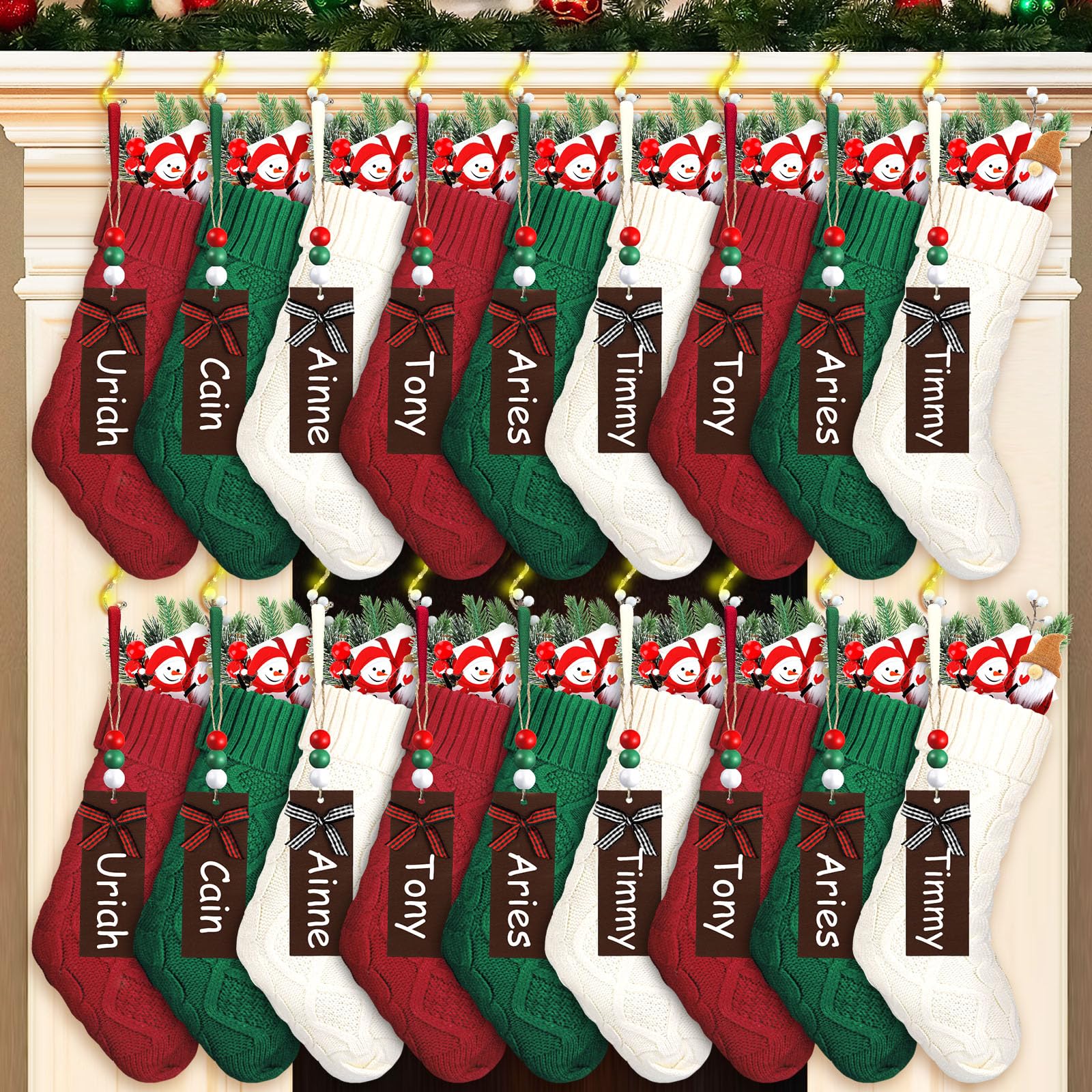 Sosation Lot de 18 chaussettes de Noël lumineuses de 45,7 cm avec étiquettes nominatives et support de chaussette de Noël pour cheminée et cheminée - Cadeaux de Noël à suspendre avec guirlande
