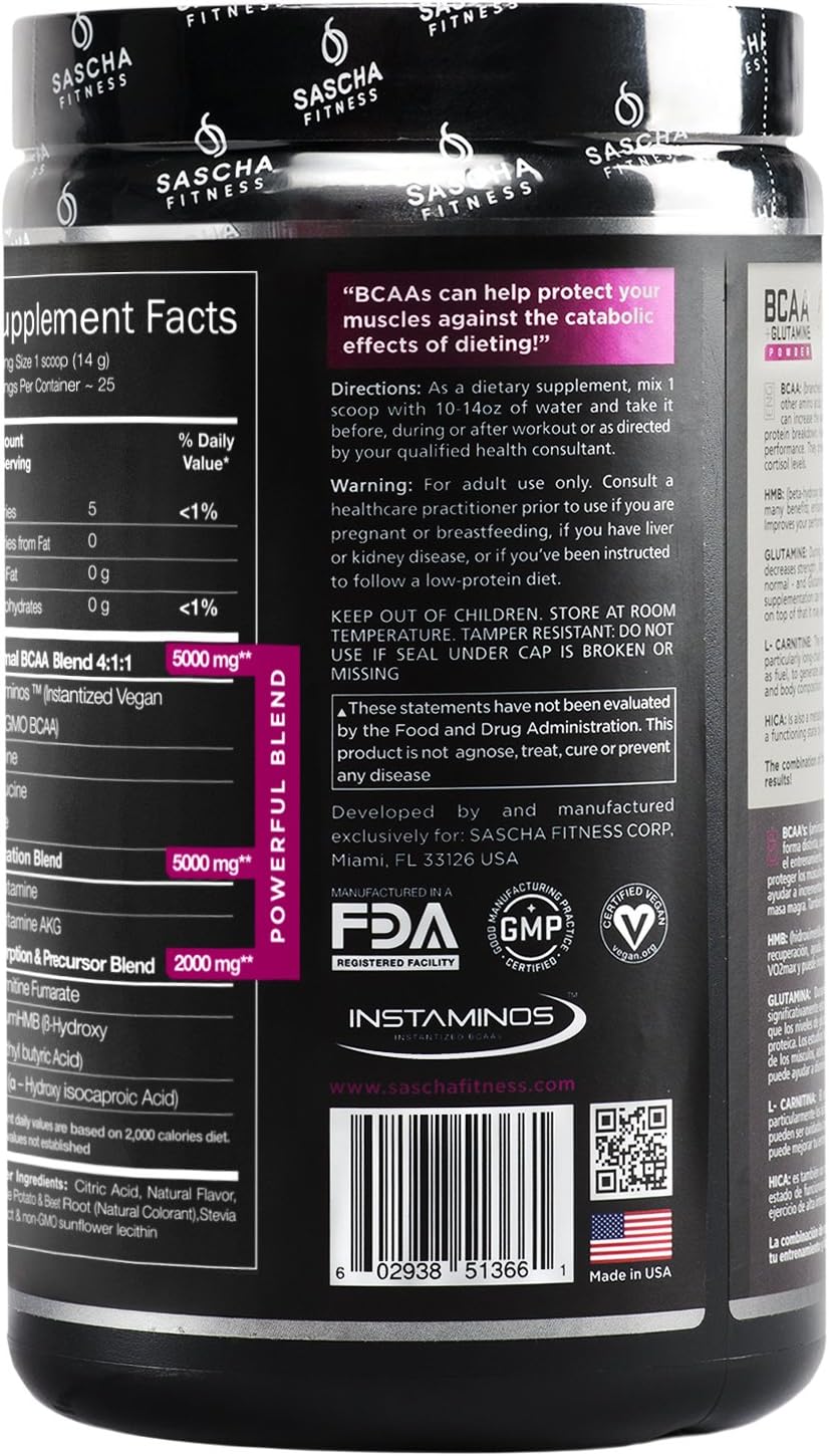 Sascha Fitness BCAA 4:1:1 + Glutamine, HMB, L-Carnitine, HICA | Powerful and Instant Powder Blend with Branched Chain Amino Acids (BCAAs) for Pre, Intra and Post-Workout | Natural Grape Flavor, 350g : Health & Household
