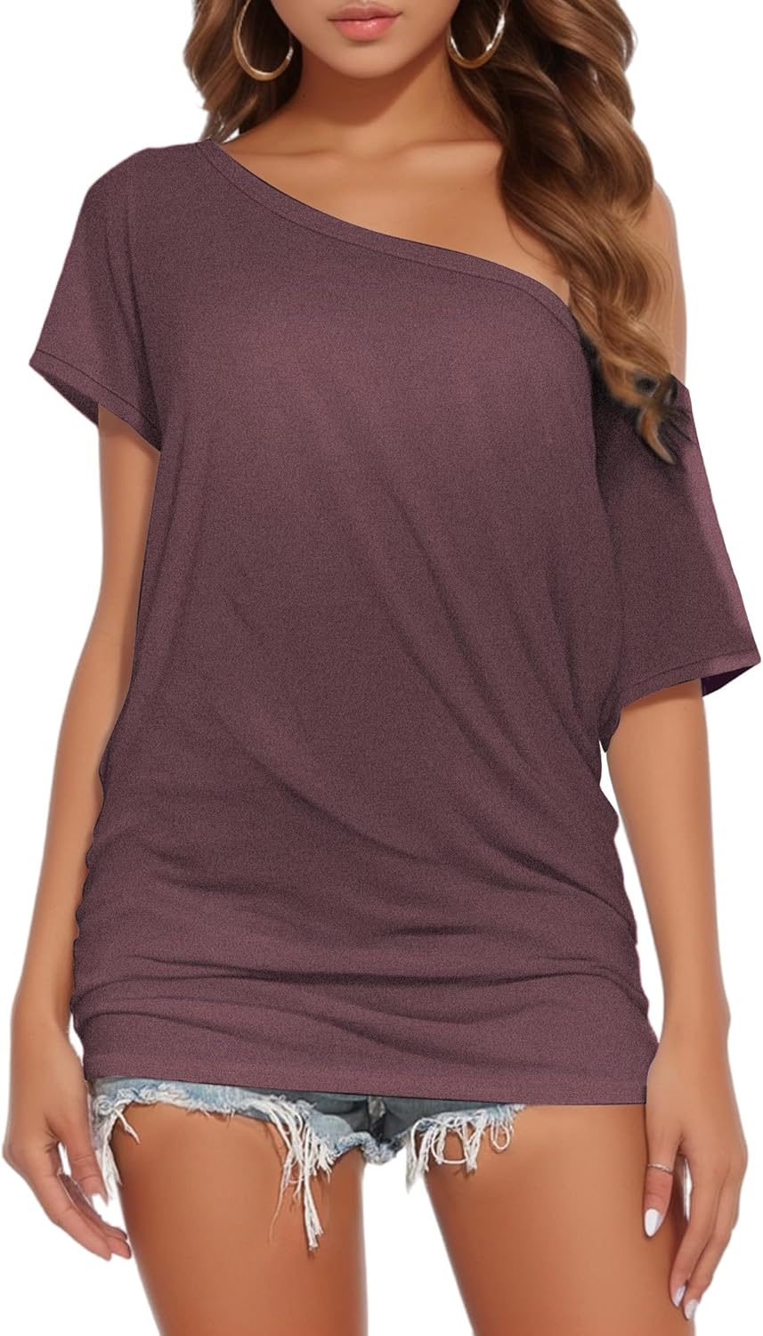 Buauty Womens Summer Off Shoulder Tops Casual Loose Short Sleeve T Shirts One Shoulder Tops Trendy Sexy Cute Tunic Tee Wine Red - Image 3