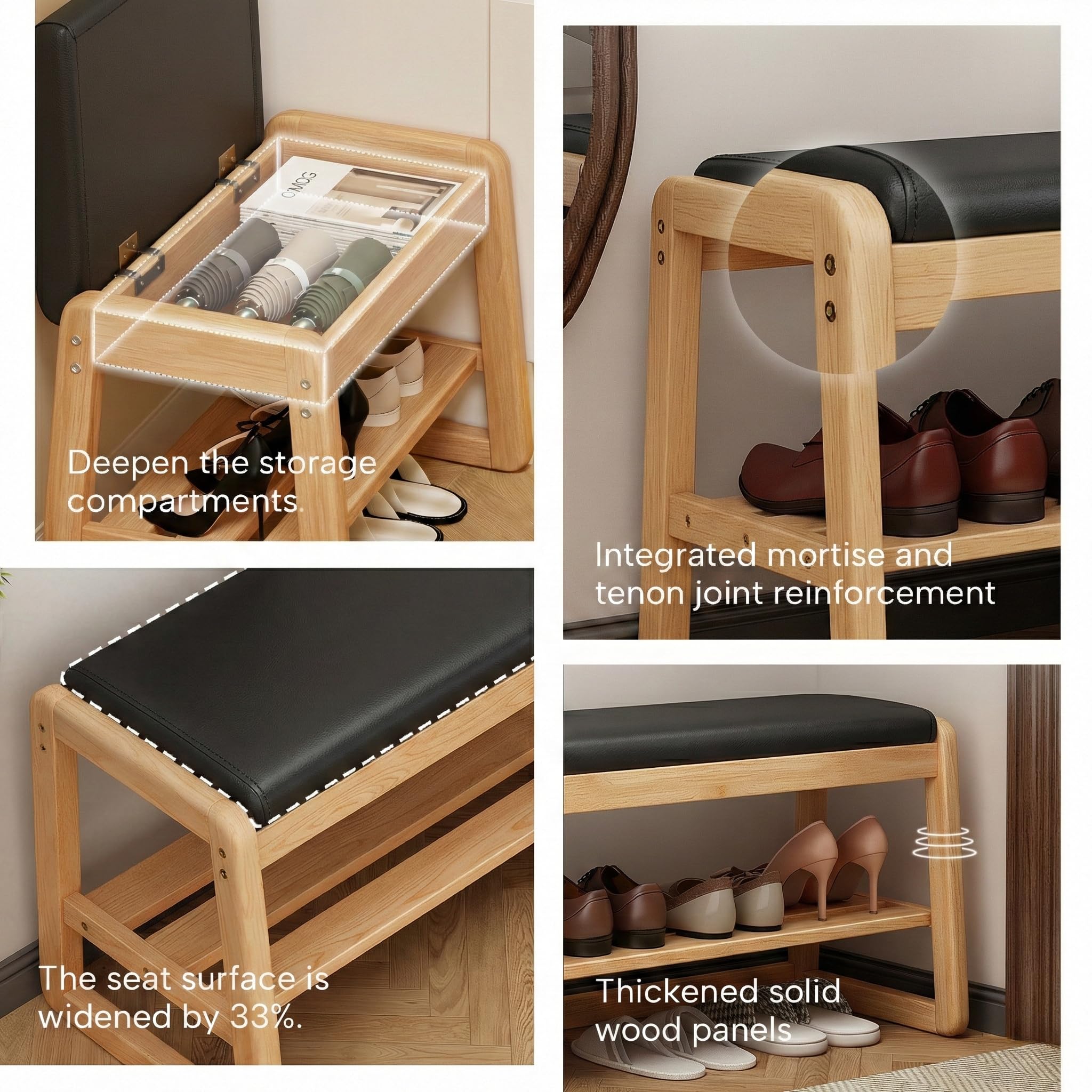 Schuhbank mit Stauraum, 2-stöckiges Schuhregal für Eingangsbereich und Flur, modernes Eichen-Design mit PU-Lederkissen, zum Organisieren von Schuhen