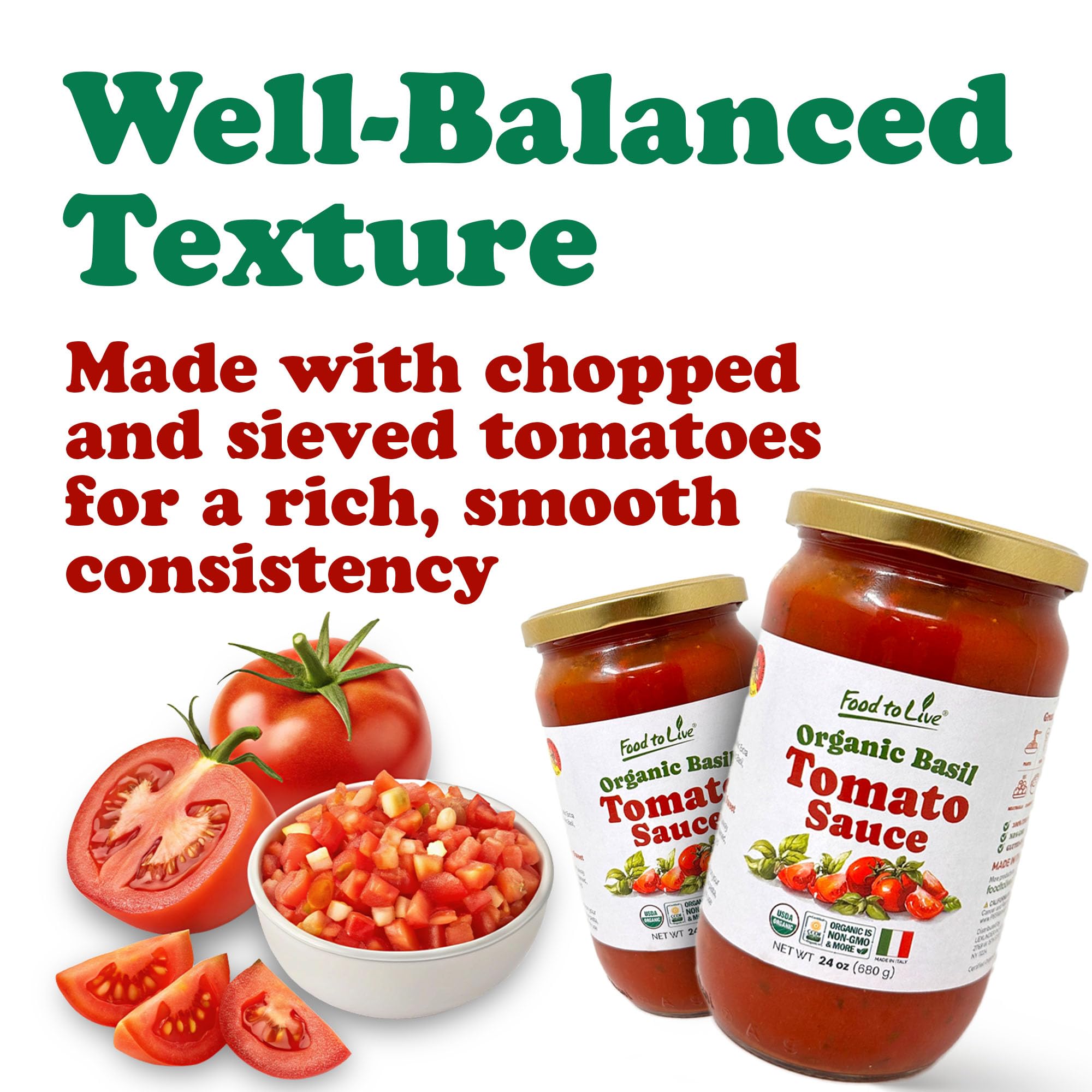 Food To Live Organic Basil Tomato Sauce, 24oz (680g) – Authentic Italian Pasta Sauce, No Added Sugar, Non-GMO, Vegan (Pack of 2)