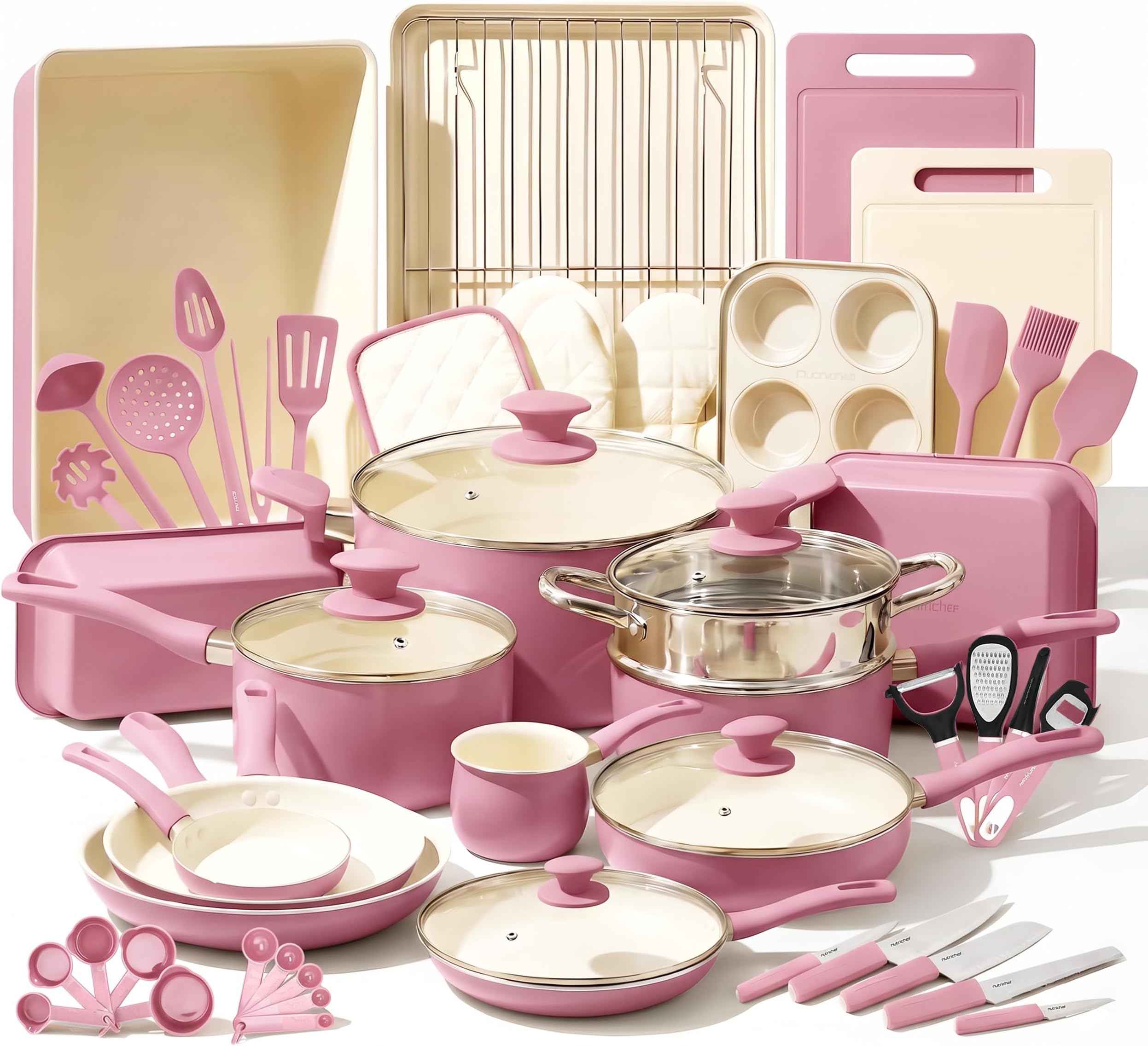 54-Piece Kitchen Cookware Set – Complete Non-Stick Ceramic Pots and Pans Set with Utensils, Bakeware, and Knife Set, Gas, Electric & Induction Compatible, Blush Pink Kitchen Essentials