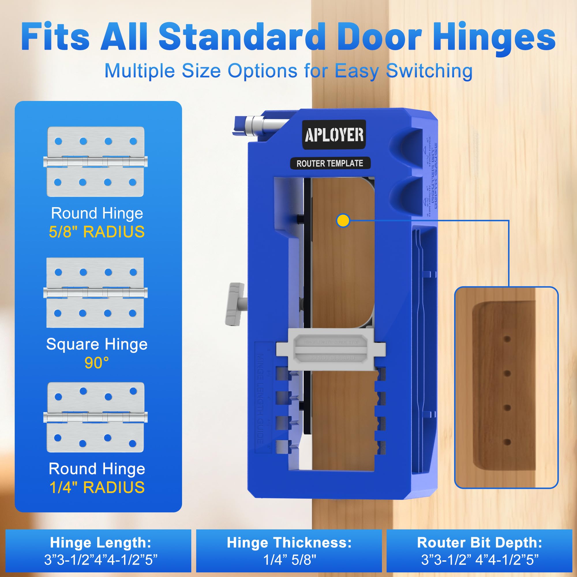 Condition photo showing New/Like New for door hinge jig, door hinge router template, adjustable door mortise jig for 3" to 5" hinges - compatible with square and radius corners 1/4" & 5/8" (blue)