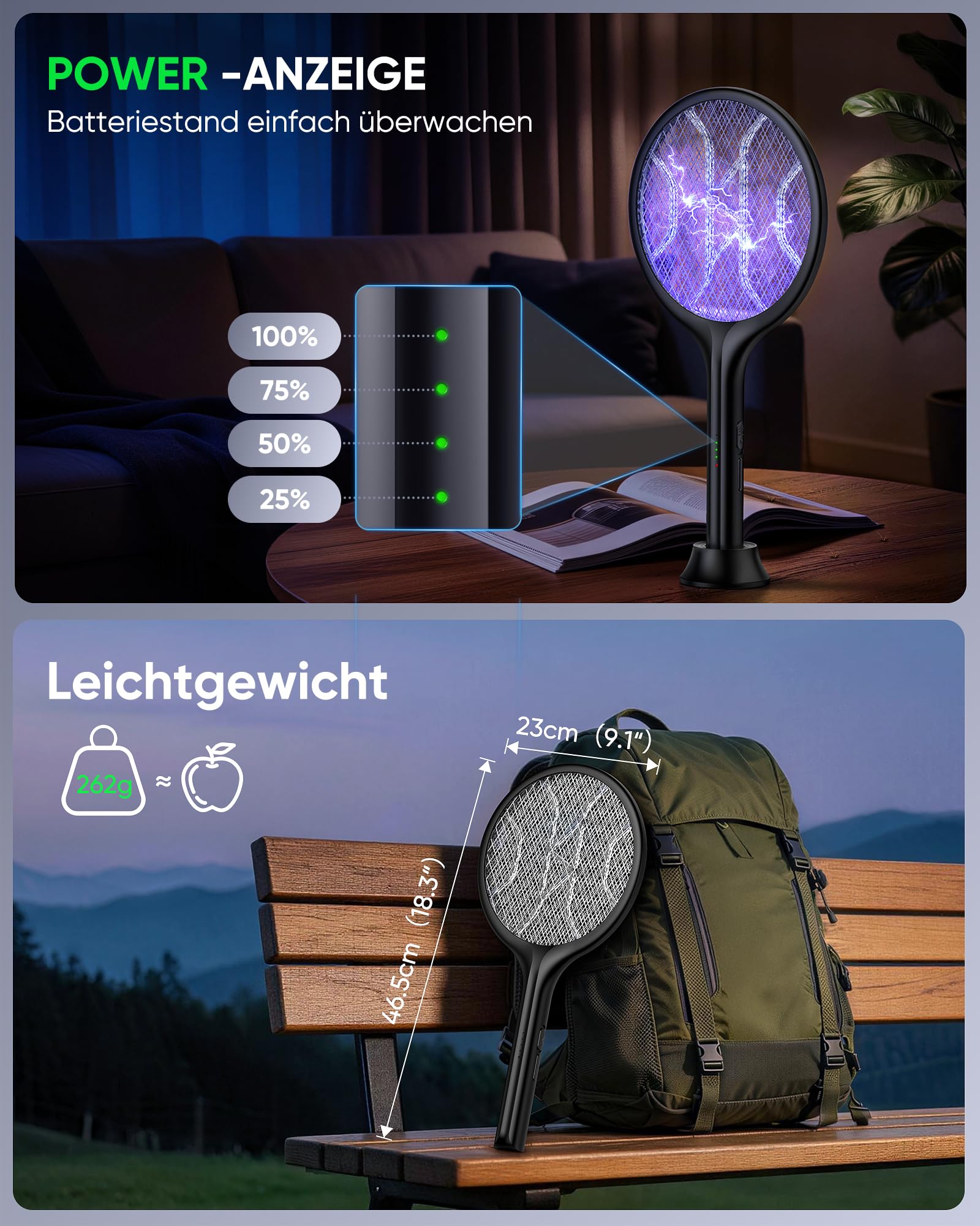 VIWAVE Elektrische Fliegenklatsche Extra Stark 4000V, 2-in-1 Elektrische Mückenklatsche mit UV-Licht & Standfuß, 1800mAh Akku Wiederaufladbar USB-C, 3-lagiges Sicherheitsnetz, Schwarz