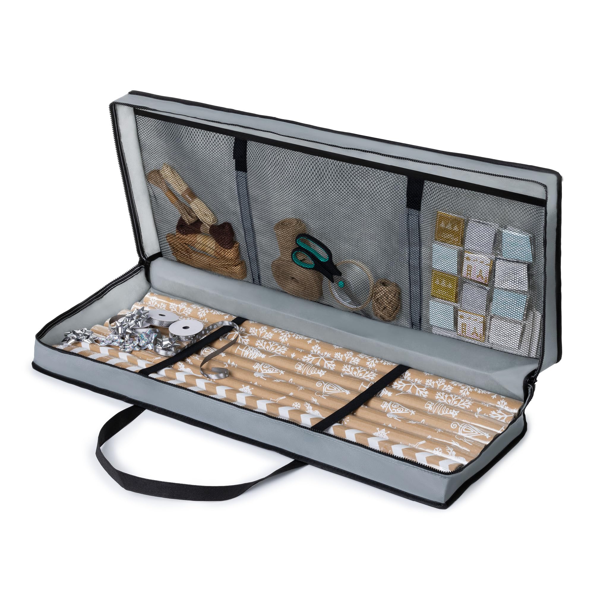 Christmas Village Wrapping Paper Fabric Storage Bag with Pouch (82 x 34 x 13 cm) Water and Dust Resistant Holder for Rolls of Paper, Pocket for Gift Tags & Bows (Grey)