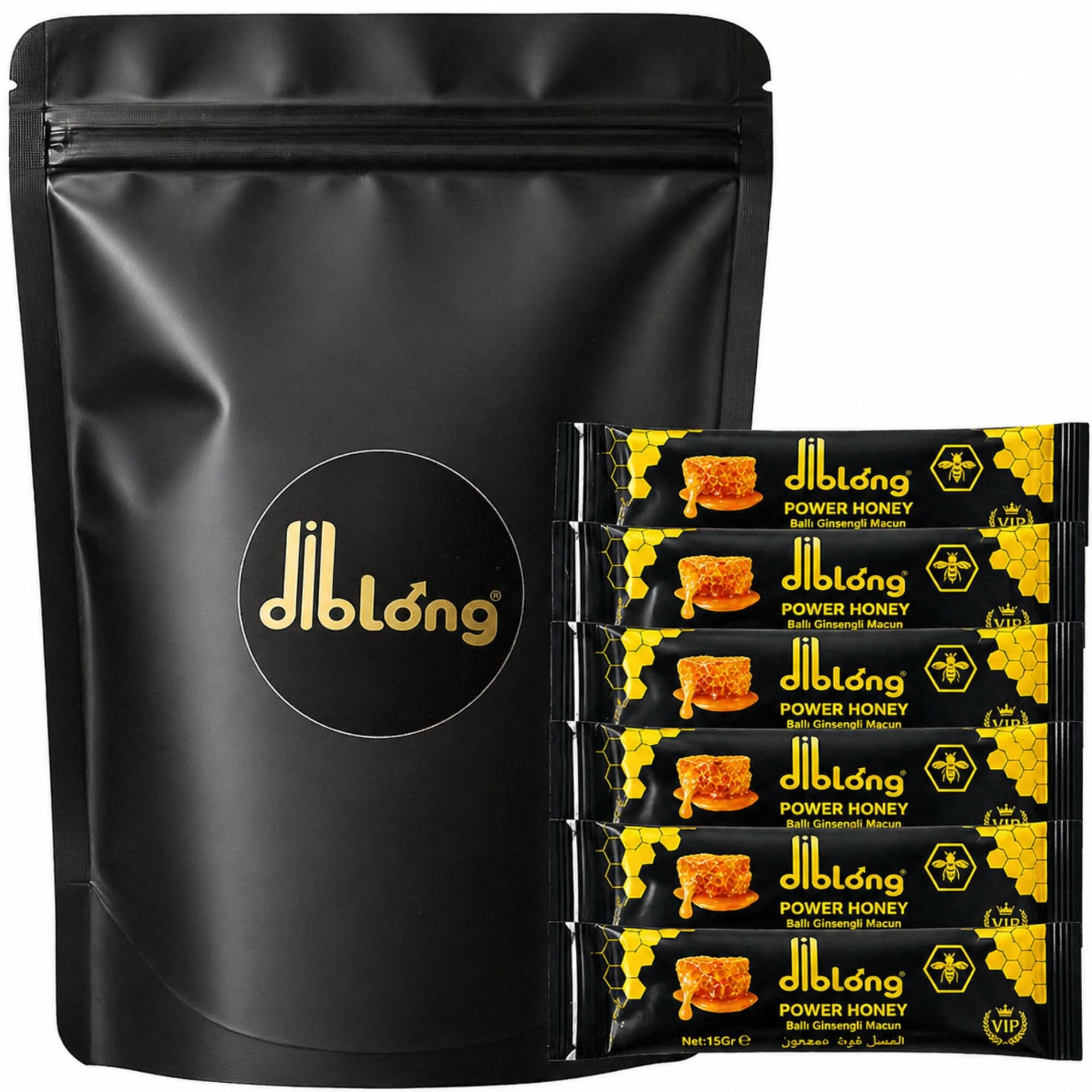 Diblong Miel Hombre Sachets Pack of 6 x 15g – Wildflower Honey Blend with Maca, Ginseng & Royal Jelly – Individual Portion Honey Pack – Made in Turkey