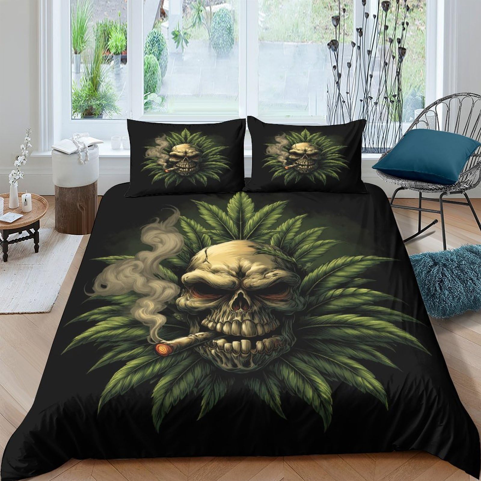Ctjqhvkz Style-4 3D Printed Smoking Skull Fitted Sheet Microfiber Green Leaves Bed Cover For Bedroom Dorm Mattress Protection Decor Single（135X200cm）