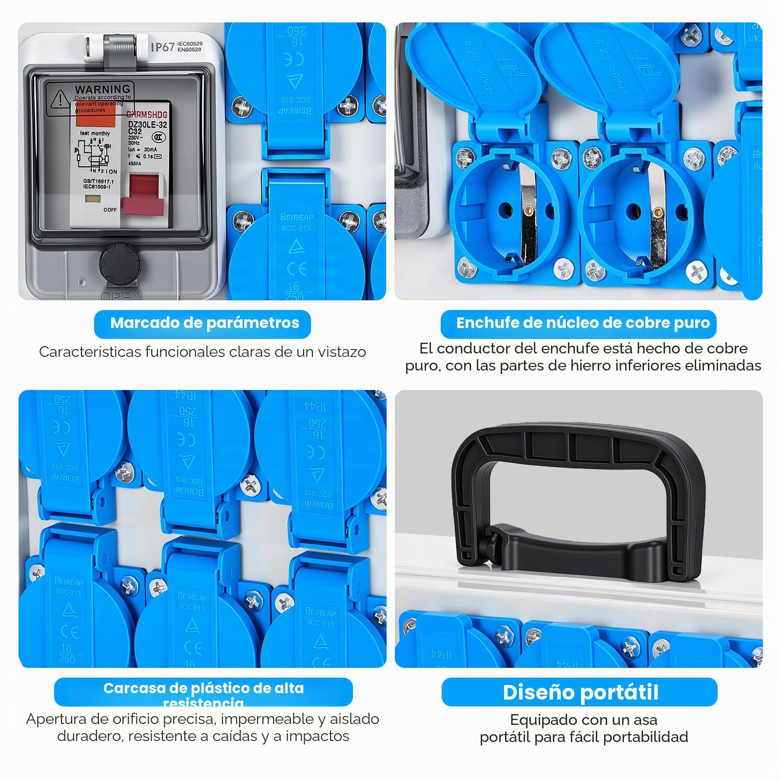 Distribuidor de corriente para construcción 16 A IP67 con base Schuko de 6 tomas e interruptor diferencial 30 mA, 230 V, caja de distribución de corriente para obras, jardín exterior, distribuidor de