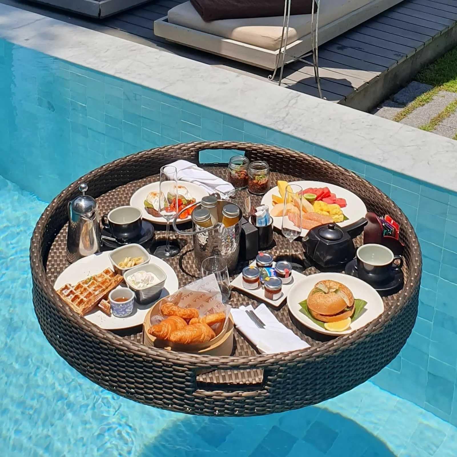 DFGHNBVC Floating Serving Tray For Pool With Handle Round Floating Pool Tray,Brown-80Cm