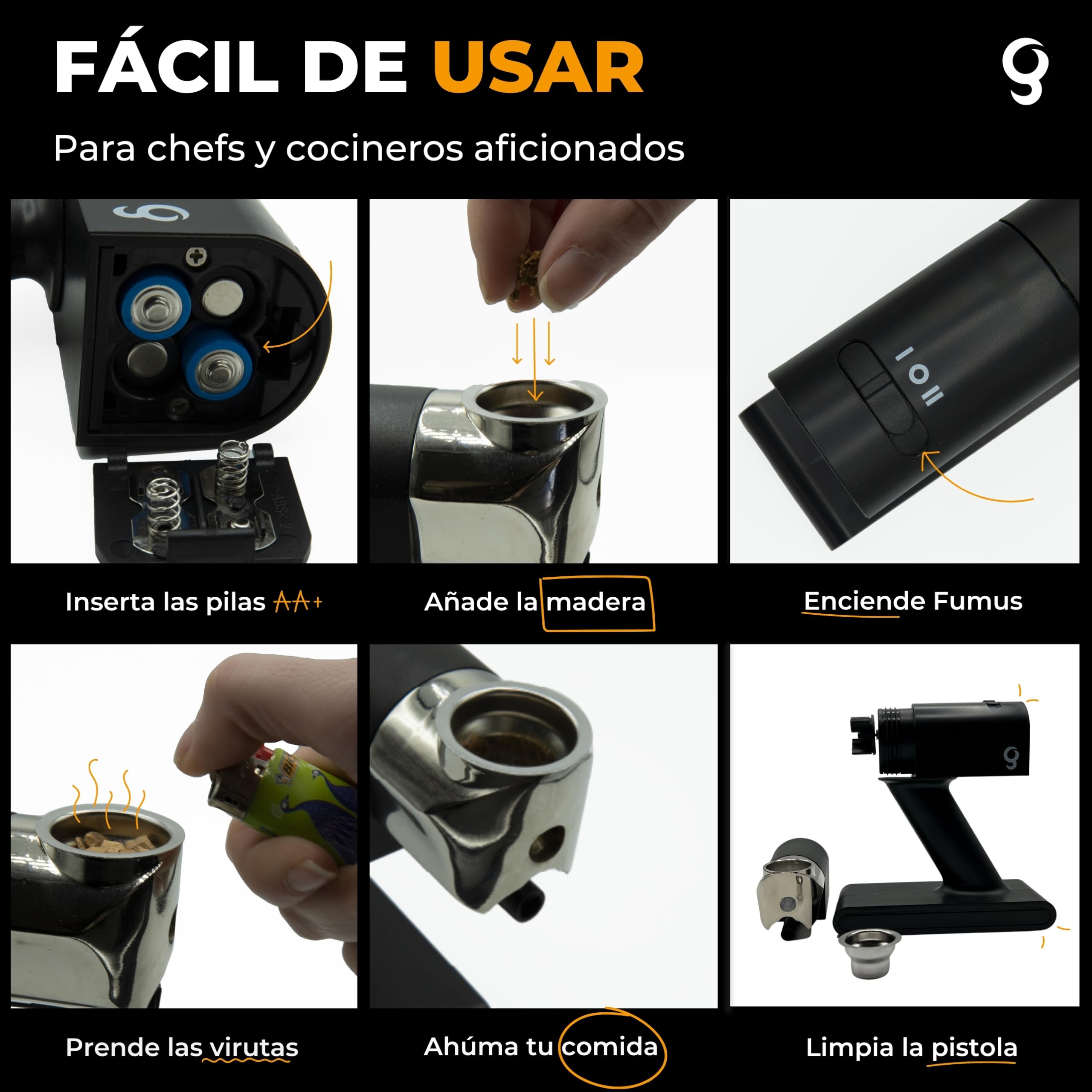Fumus - Ahumador de Alimentos Profesional - Ahumador de Carne + 5 Sabores Chips de Virutas Europeo Incluidos - – Cocktail Smoker Kit con Disco para Cócteles + Recetario Digital