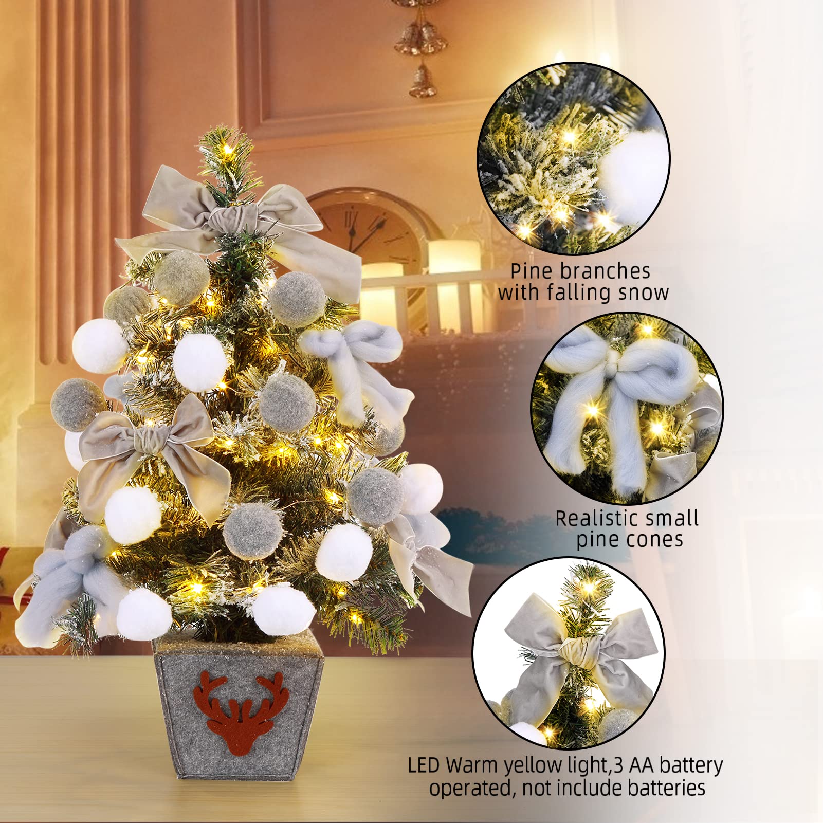 Weihnachtsbaum Künstlich, 60 cm Esstisch Schnee Fallender Weihnachtsbaum mit Weihnachtskugeln, Schleifen und 50 LED Leuchten Geeignet für Weihnachten Partys Zuhause Drinnen und Draußen - Grau