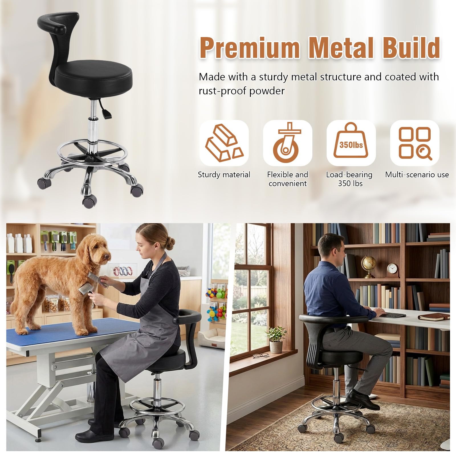 Taburete ajustable con ruedas y respaldo, resistente para oficina, cocina, médico, dentista, tienda, laboratorio y uso doméstico (con reposapiés)