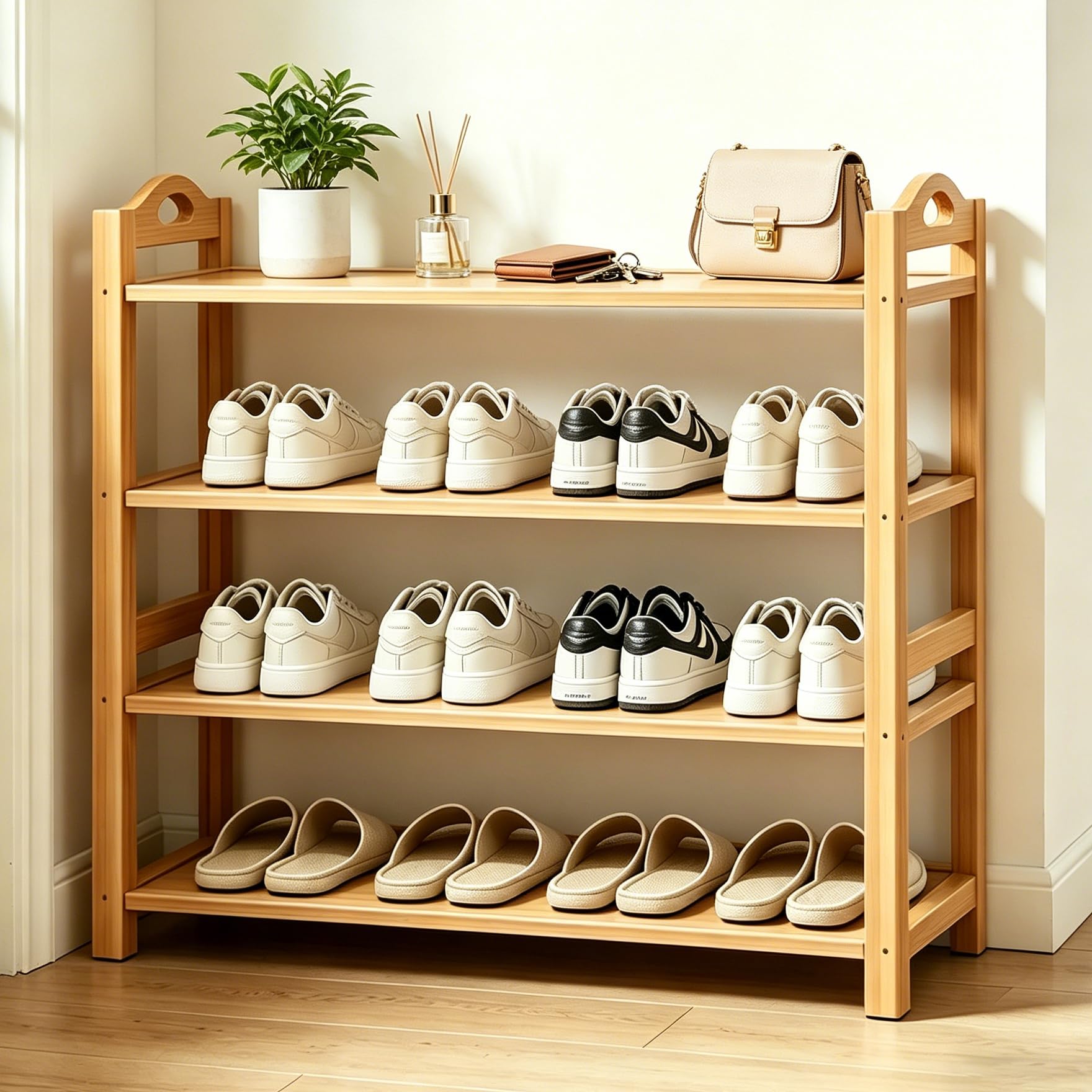 Photo 1 of ** MISSING SOME ASSEMBLY HARDWARE*** HOLTPHILI 4-Tier Shoe Rack Bamboo Shoe Organizer Free Standing Shoe Storage for Entryway, Closet, Hallway, Bathroom and Living Room, Natural