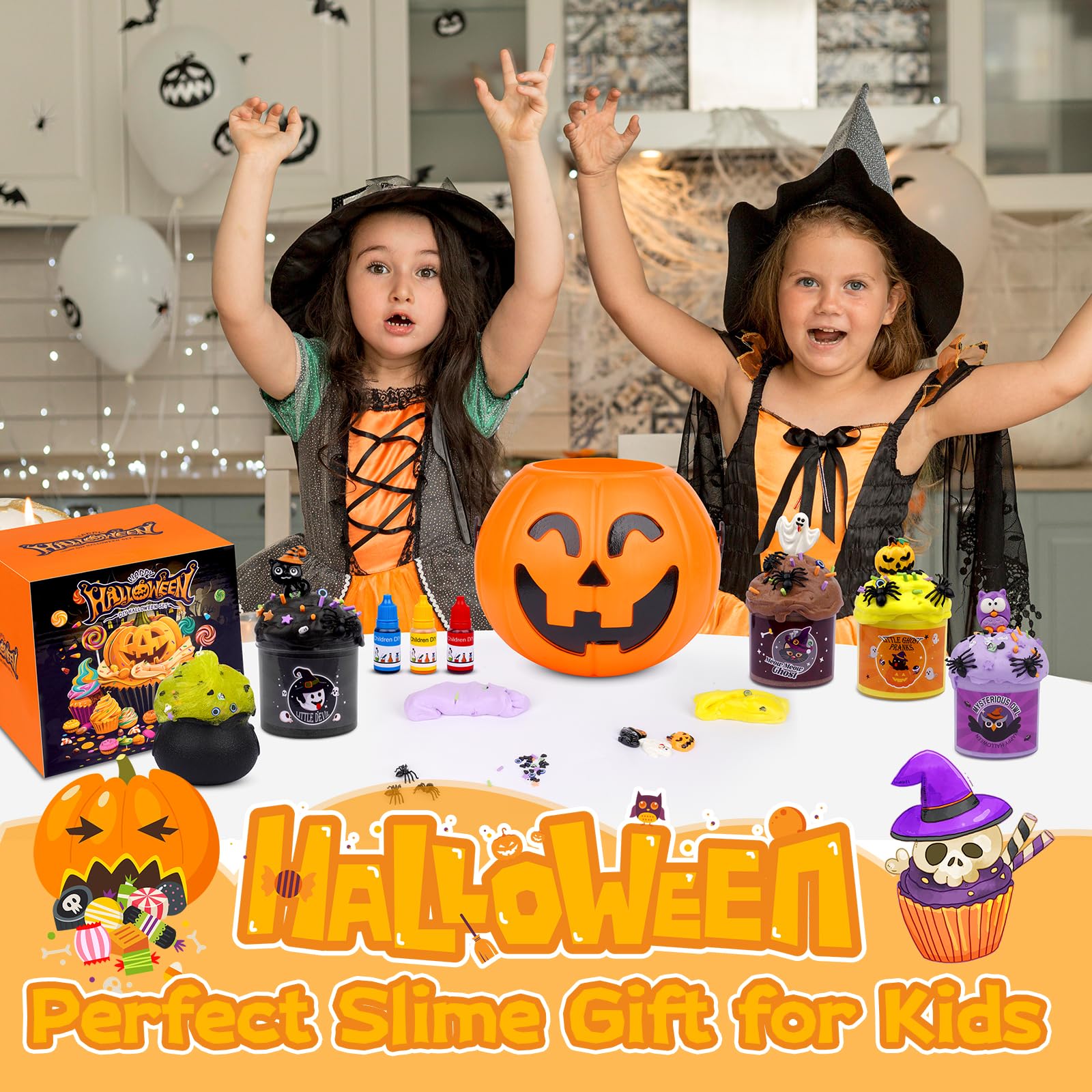 Halloween Slime Kit,5 Packs Butter Slime with Pumpkin Bucket,Cloud Slime Kit for Girls Ages 8-12,Non-Sticky Slime Making Kit with Color Liquid,Halloween Party Favor for Girls and Boys