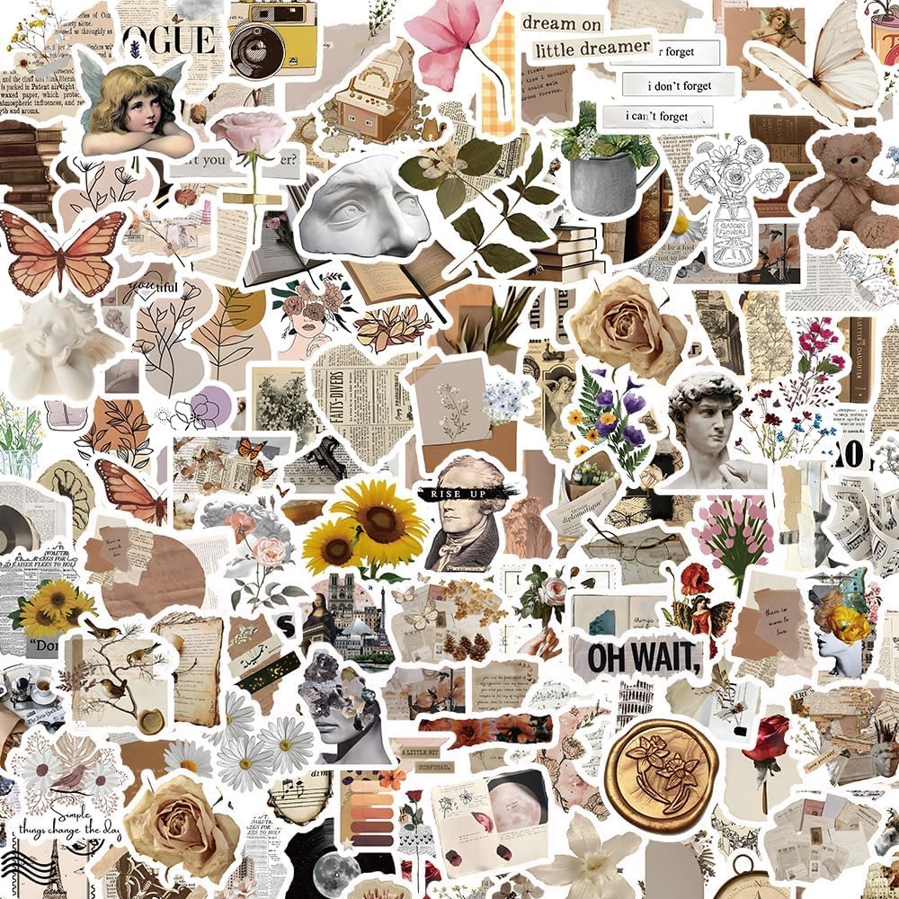 200 szt. naklejek w stylu vintage, niepowtarzające się estetyczne naklejki do scrapbookingu, wodoodporne naklejki do planowania winorośli, pamiętnika, naklejki do majsterkowania, laptopa