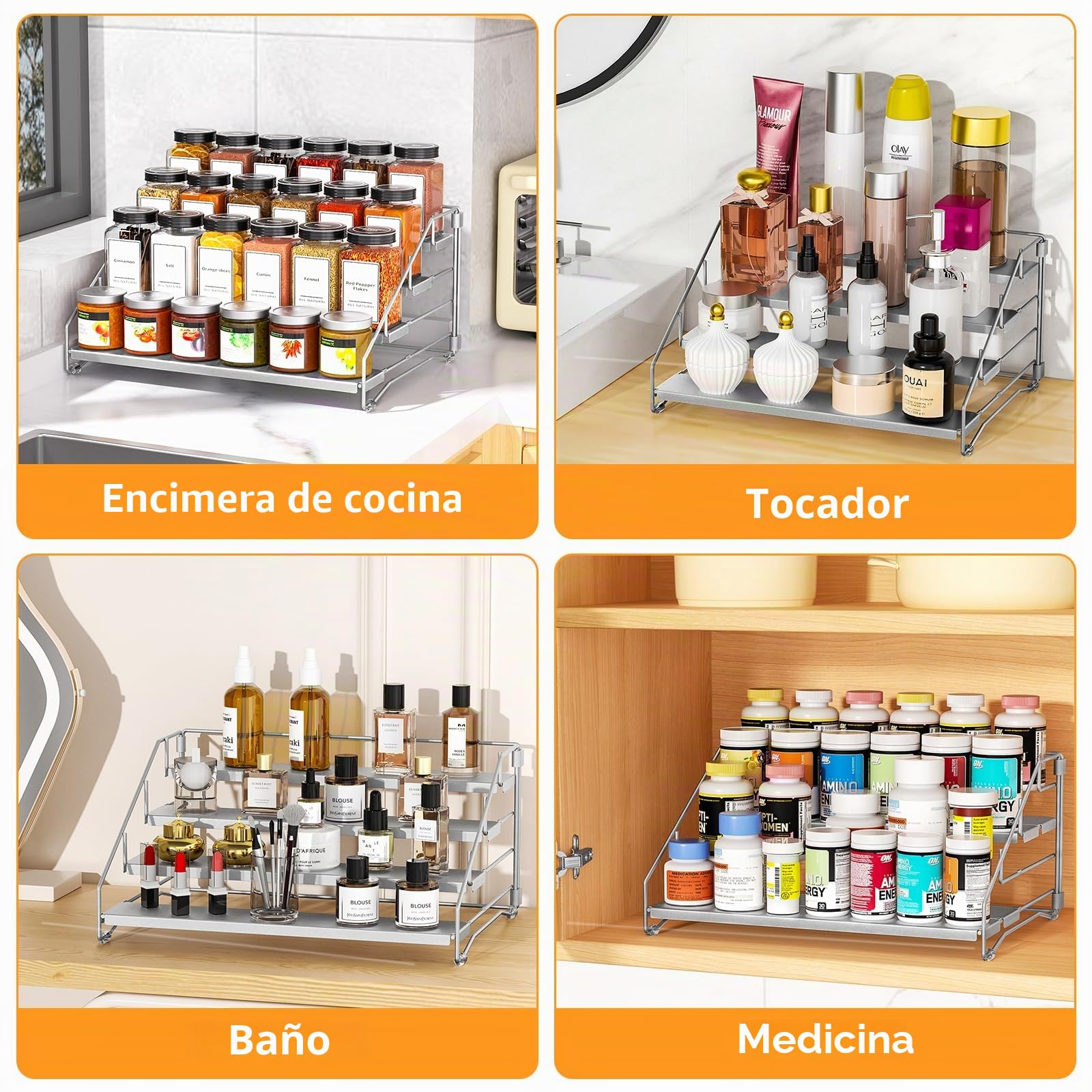 Especiero De 4 Niveles Para El Interior Del Armario, Especieros Para Cocina, Profundidad Ajustable Estante Cocina Para Mostrador, Armario, Despensa Gris (Pack de 2)