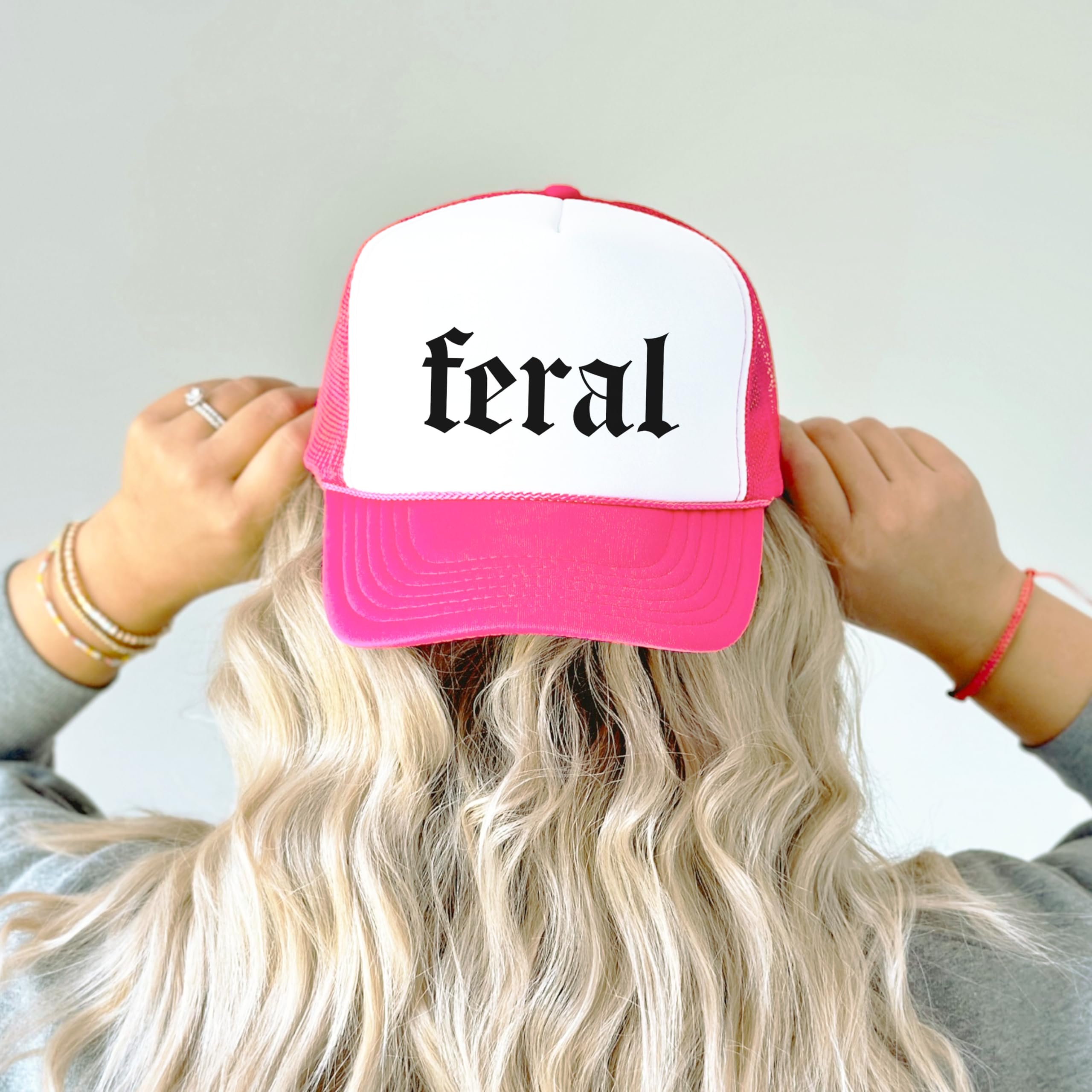 Feral in Gothic Font Trucker Hat Funny Summer Unisex Classic 5 Panel Mesh Snap Back White/Neon Pink Trucker Hat