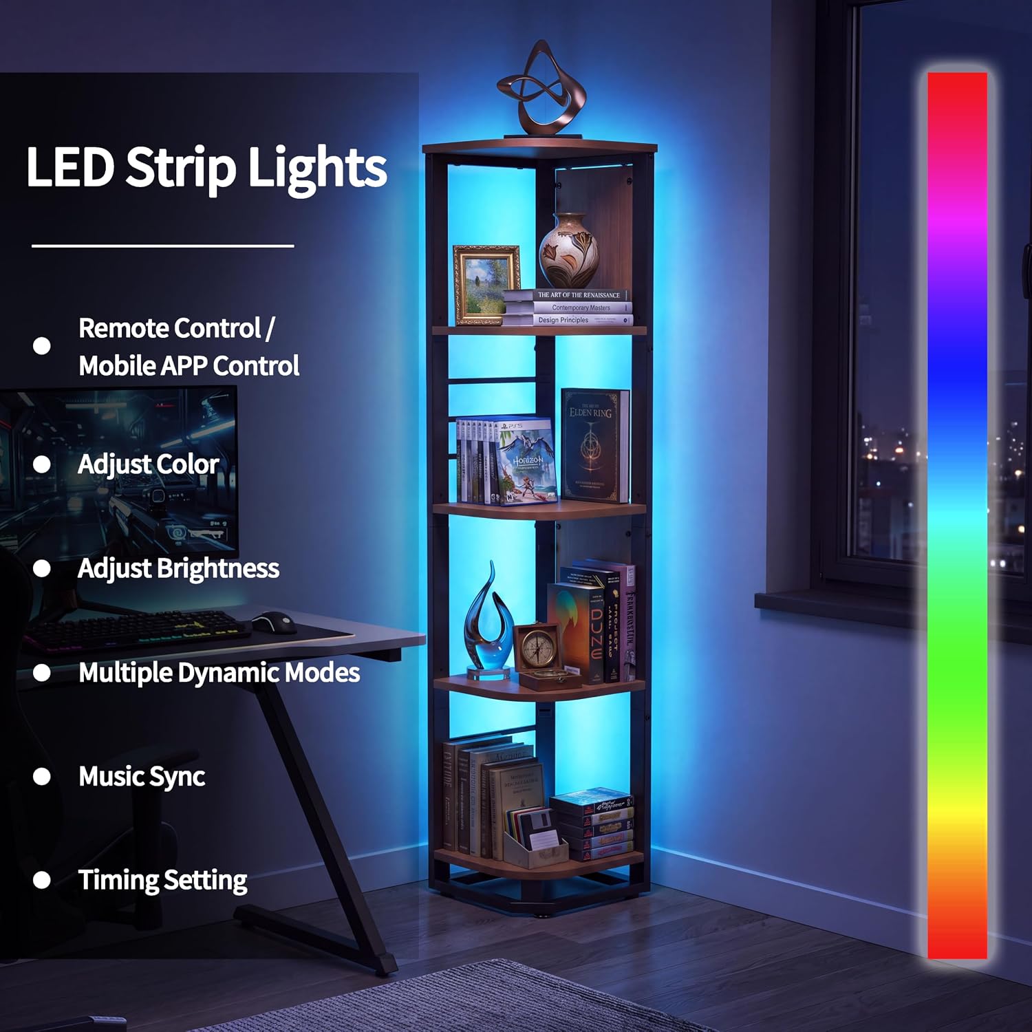 5-Tier Corner Shelf Stand with LED light, Corner Bookshelf, Adjustable Shelves, Cable Management, with Hooks, Metal Frame; Bookcase for Living Rooms, Bedrooms, Offices and Small Spaces, Rustic Oak