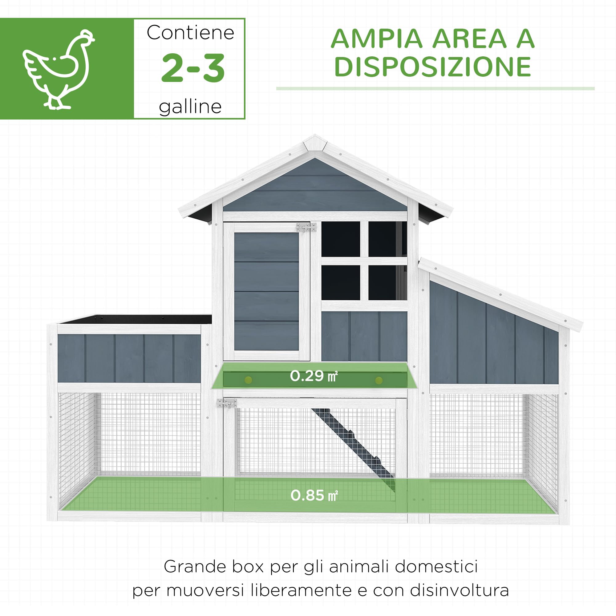 PawHut Pollaio Prefabbricato in Legno con Area Aperta, Pollaio per Galline da Esterno, Casetta per Galline e Nido per la Cova, Aiuola e Tetto in Asfalto, Grigio