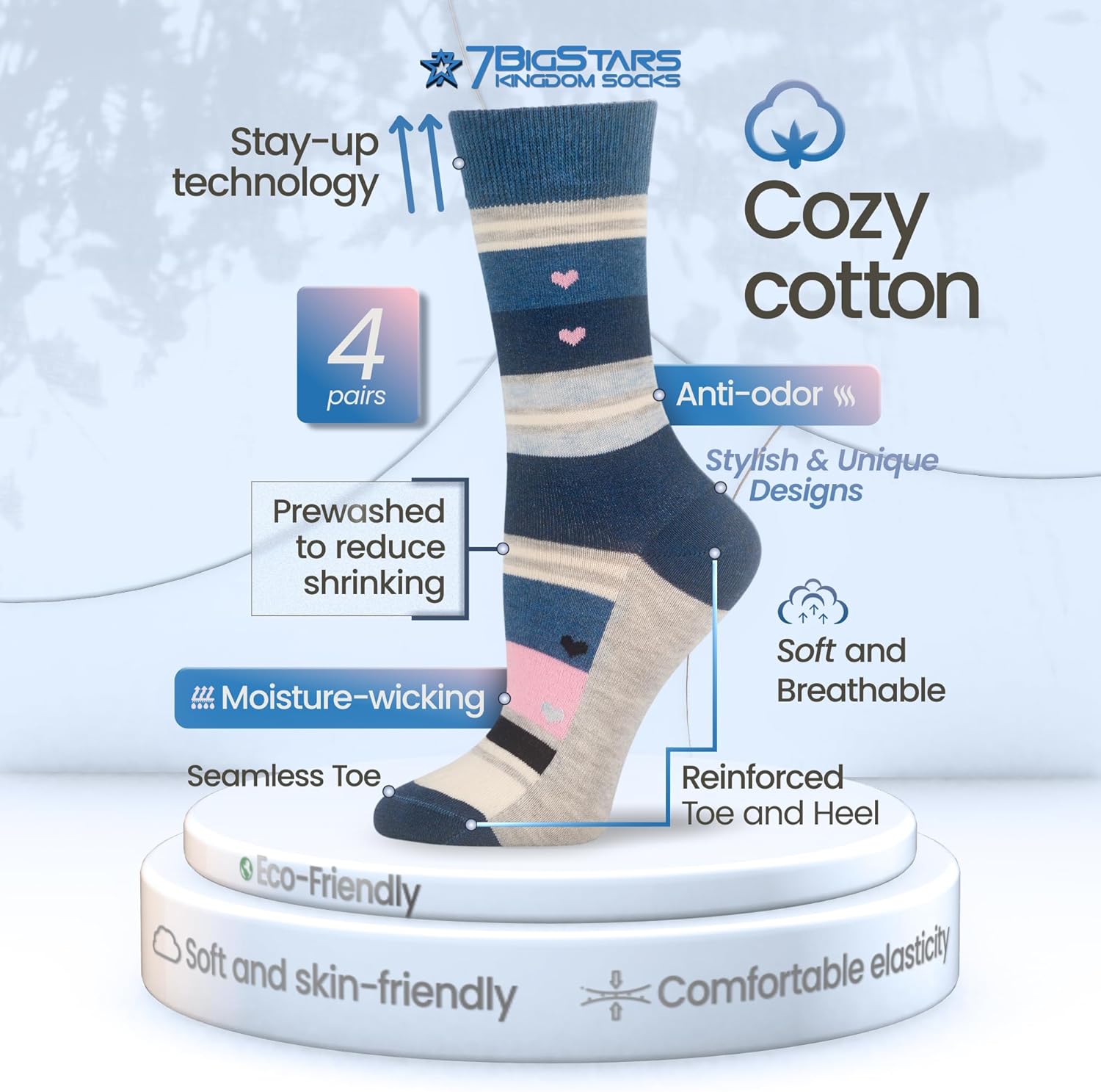 7BigStars Women Crew Socks - Fun Cotton Socks for Women, Colorful and Cute Designs, 4 Pairs Breathable Casual Dress Socks - Image 3