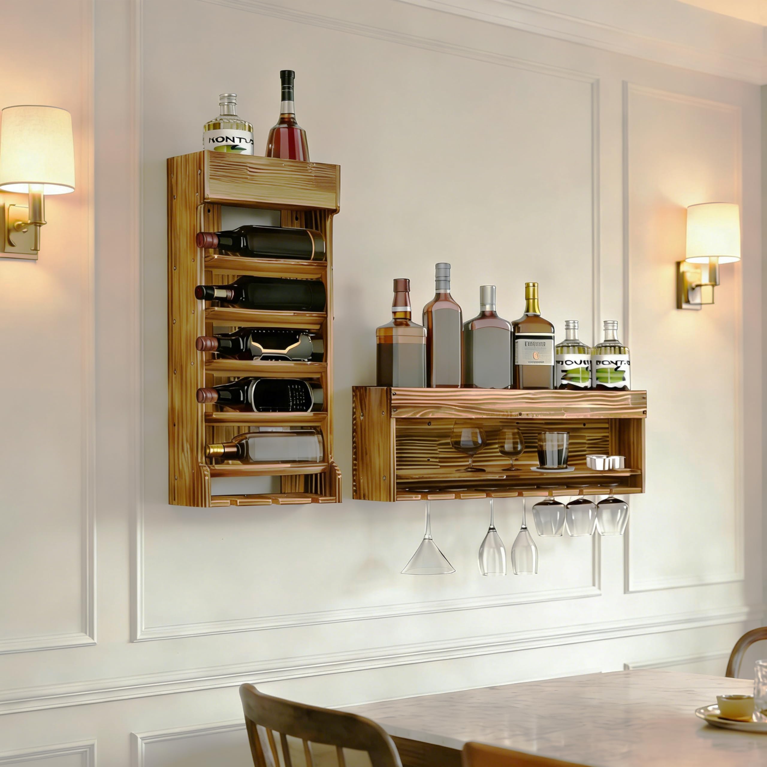MYOYAY Geflammtes Holz Wand Weinregal, Vintage Whisky Regal Wand Bar, Hängende Weinglashalter für Bars Küche Glas Pokale, Große Geschenke für Familien, Verwandte und Freunde, KY0059 Küche, Haushalt & Wohnen