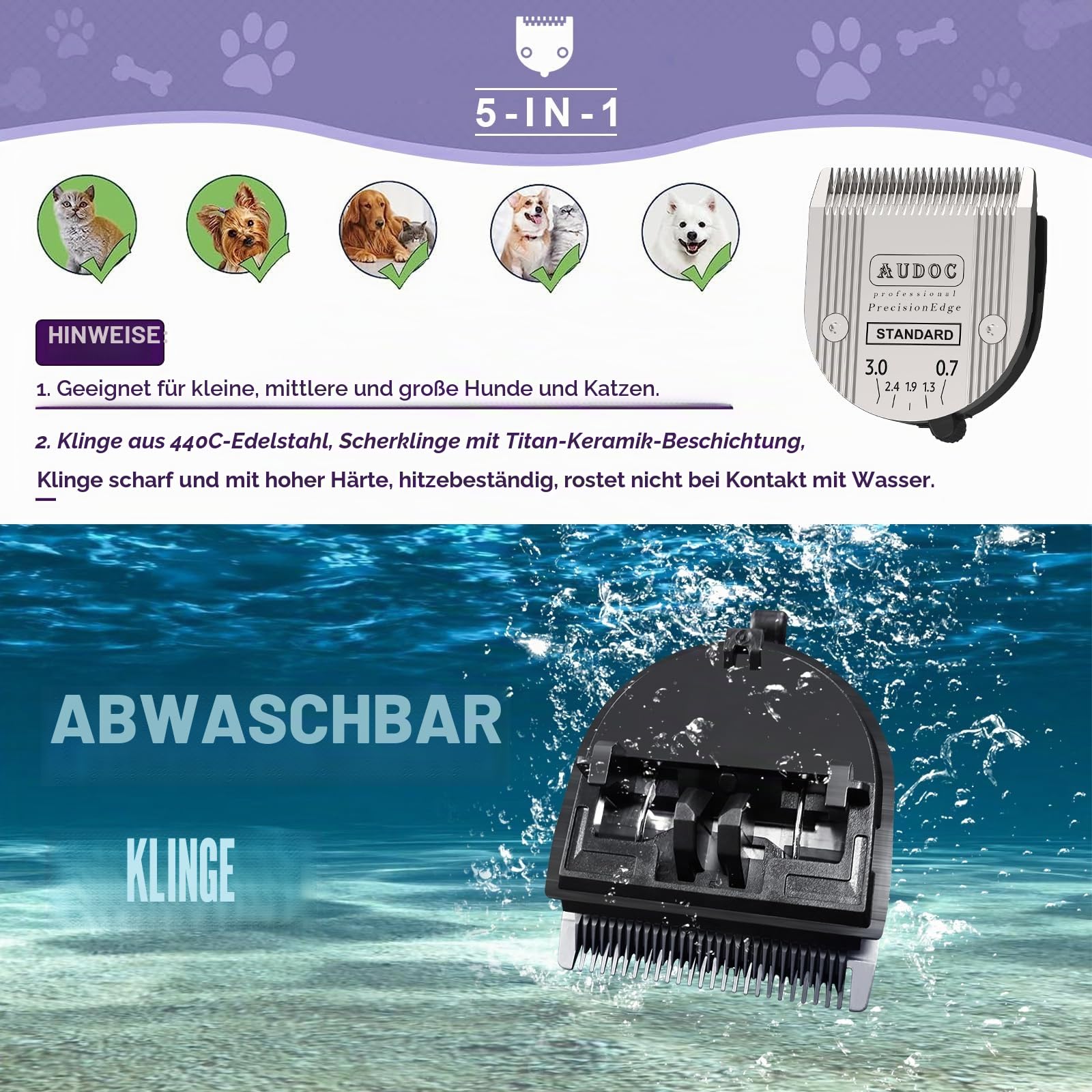 2er-Pack Professional Animal 5-in-1 Schnittlänge der Klinge verstellbar 0,7-3 mm, kompatibel mit Arco, Bravura und Moser Arco 1870/1871/1872/1873/1854