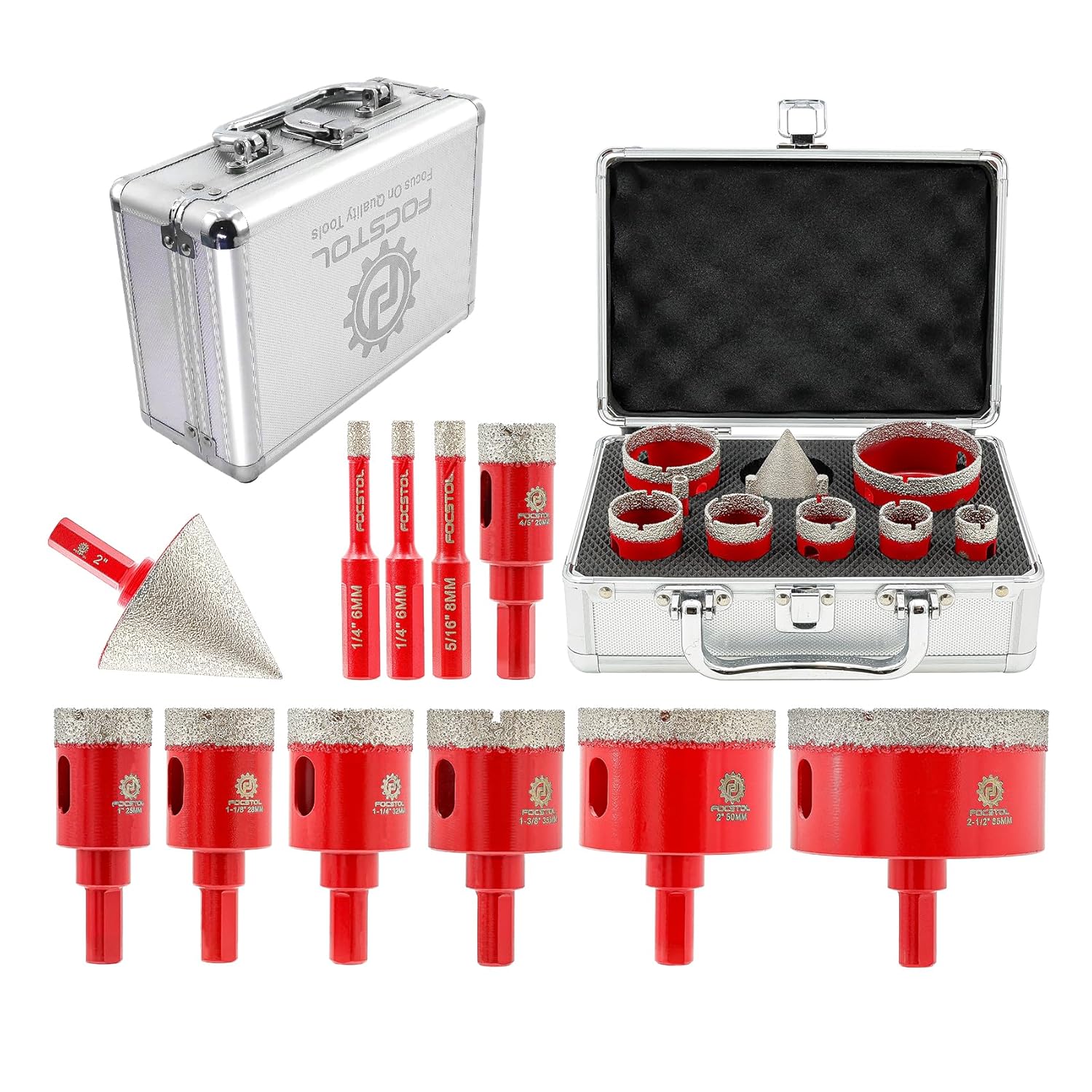 Diamond Core Drill Bits Set - FOCSTOL 11pcs (6/6/8/20/25/28/32/35/50/65mm+50mm Beveling Chamfer Bit) Hole Saw Kit with Triangle Shank for Porcelain Tile Ceramic Granite Marble