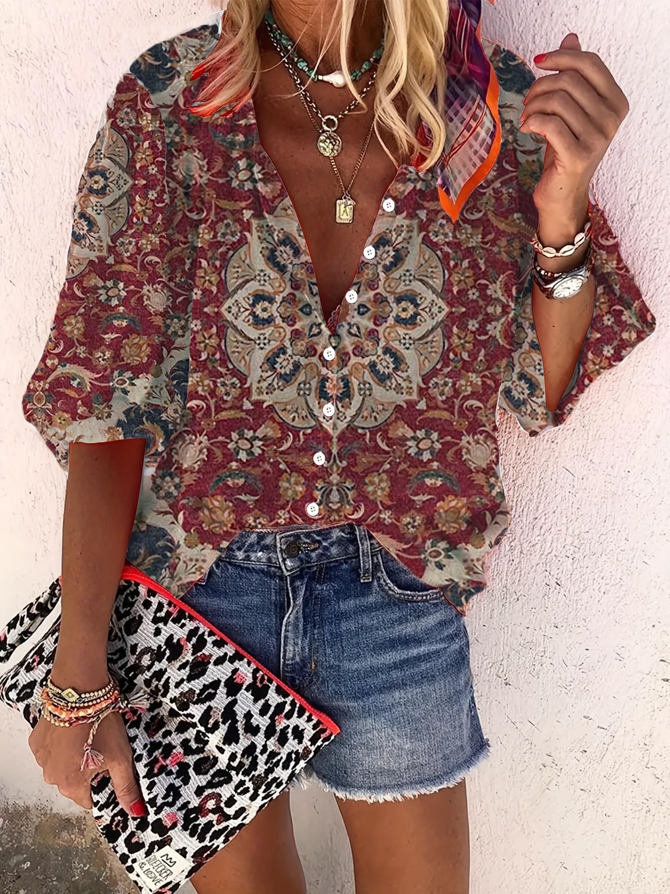 Womens Retro Boho Style Floral Pattern Relaxed Fashion Button Long Sleeve Summer Vacation Beach Shirt