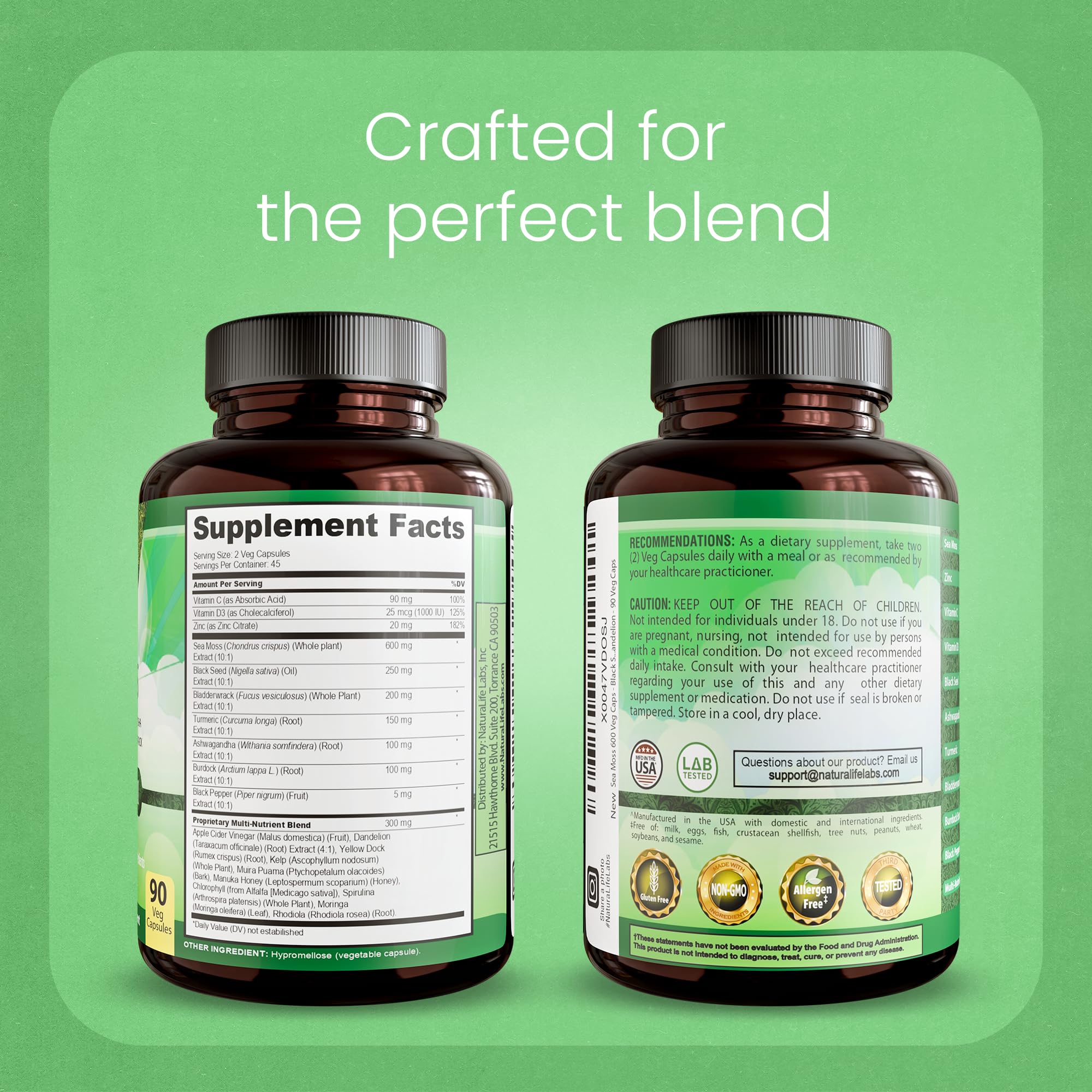 Sea Moss, Black Seed Oil, Bladderwrack, Turmeric, Ashwagandha, Burdock, Vitamin C, D3, Yellow Dock Root, Manuka, Dandelion - 90 Veggie caps