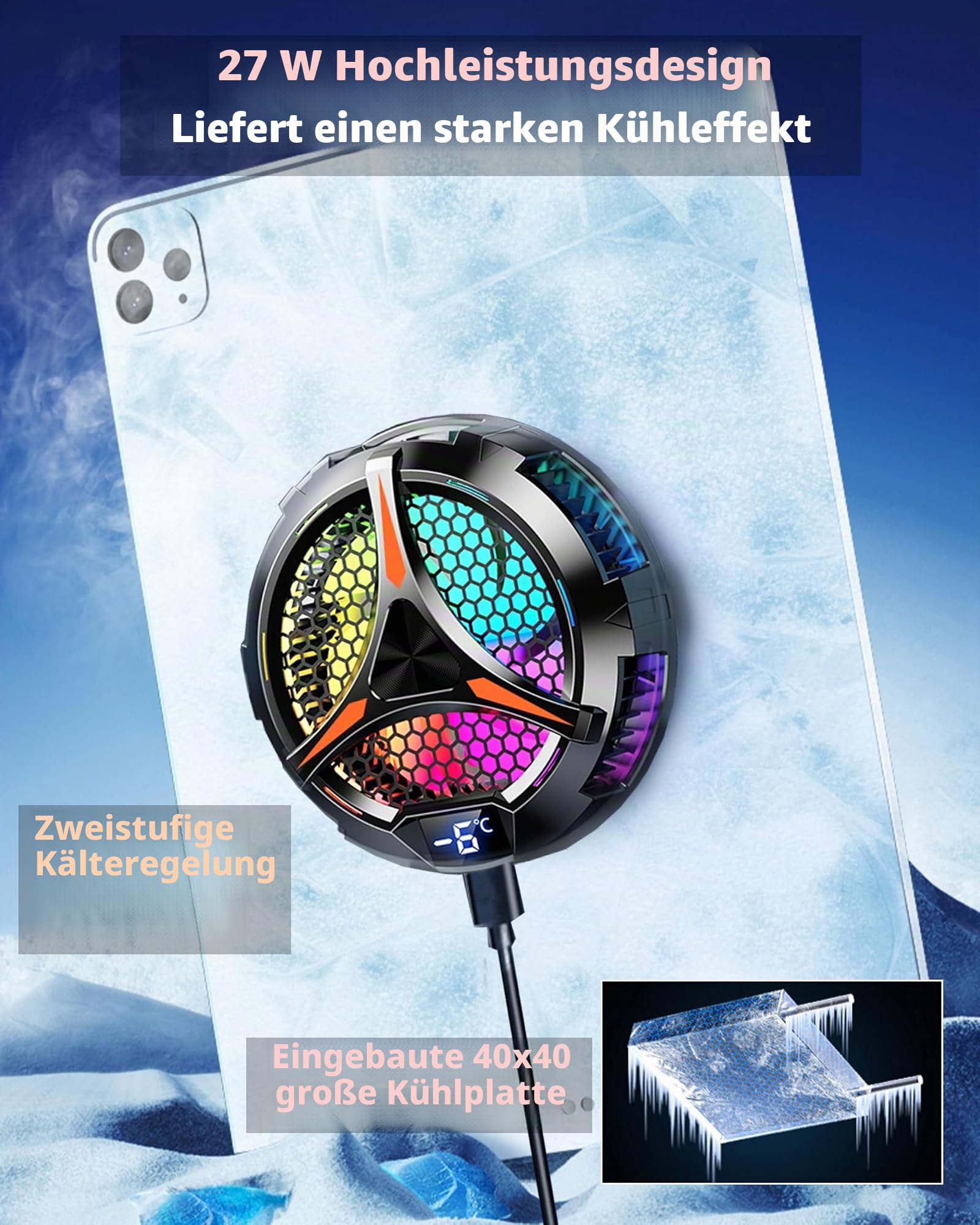 Zooparty Magnetischer Kühler für iPad, Surface Pro, Samsung Tab, Steam Deck, Magsafe-kompatibel, Temperaturanzeige für Gaming und Live-Streaming, Schwarz