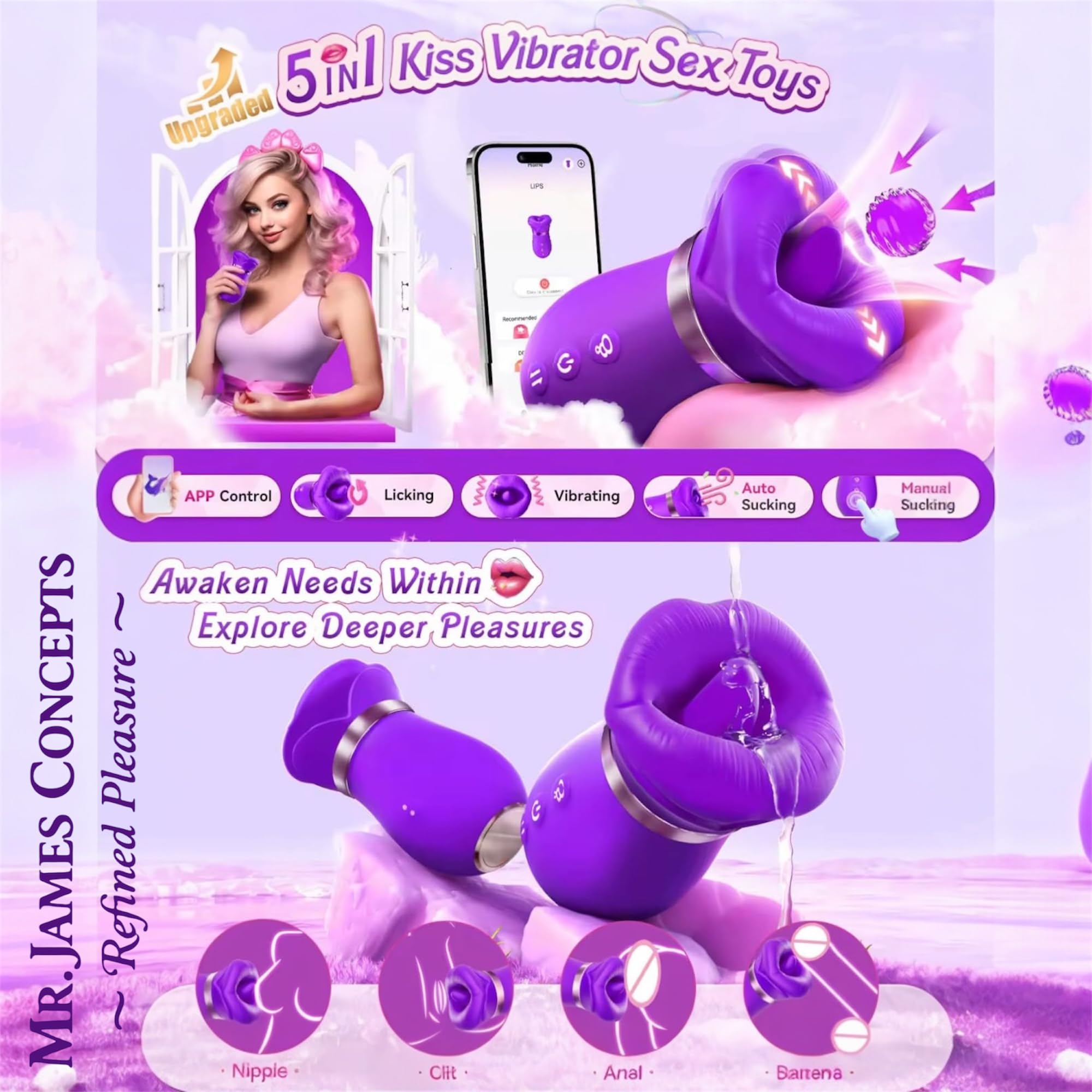 Mr. James Concepts – 5 – in – 1 smart dispositivo per il benessere intimo – con controllo tramite app Kiss Vibrator with Licking, vibrazione & aspirazione – Ergonomic Design for External intimo