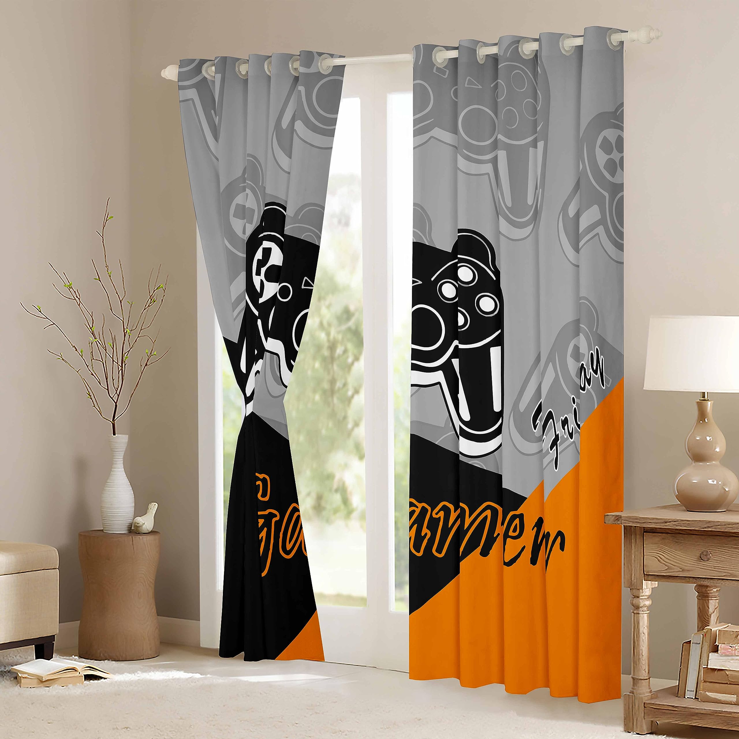 Loussiesd Gamer Curtains for Bedroom Gaming Thermal Insulated Drapes for Teens Boys Video Game Decor Curtain Game Controller Window Treatment Orange W46*L72 - Image 2