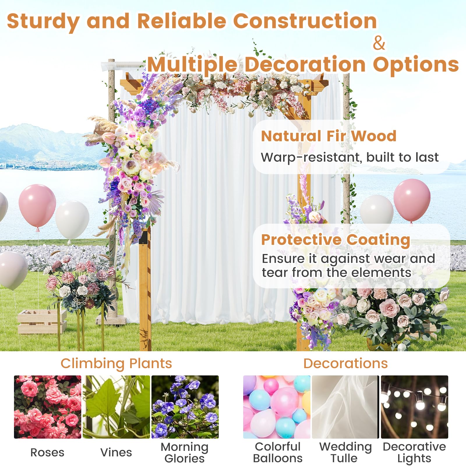 HOMASIS Arco da Giardino in Legno, Arco per Rampicanti con Tettoia e Traliccio, Pergolato da Esterno per Rose, Glicine, Palloncini, Decorazione da Giardino per Festa e Matrimonio (Tetto Piatto)