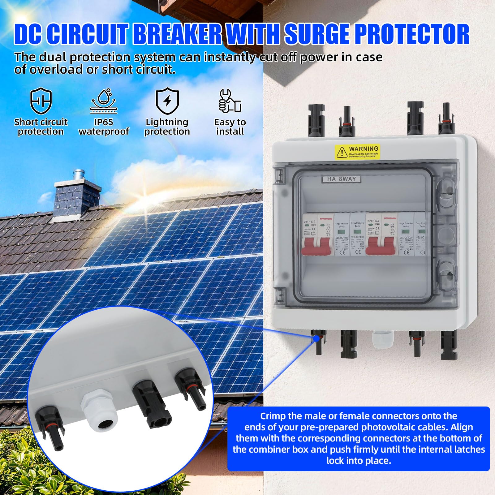 Überspannungsschutz PV, DC-Trennschalter 1000 V DC, 20-40 kA Blitz-und Leitungsschutzschalter, IP65 wasserdicht UV-beständig, 2-String (2-in-2-out) Solar Anschlusskasten für Photovoltaikanlagen