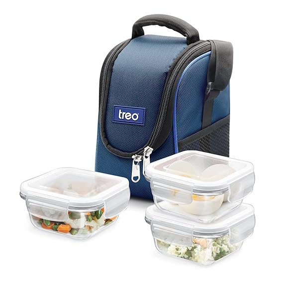 Treo By Milton Health First 3 Pieces Square Container Glass Tiffin, 300 ml, Set of 3, Transparent
