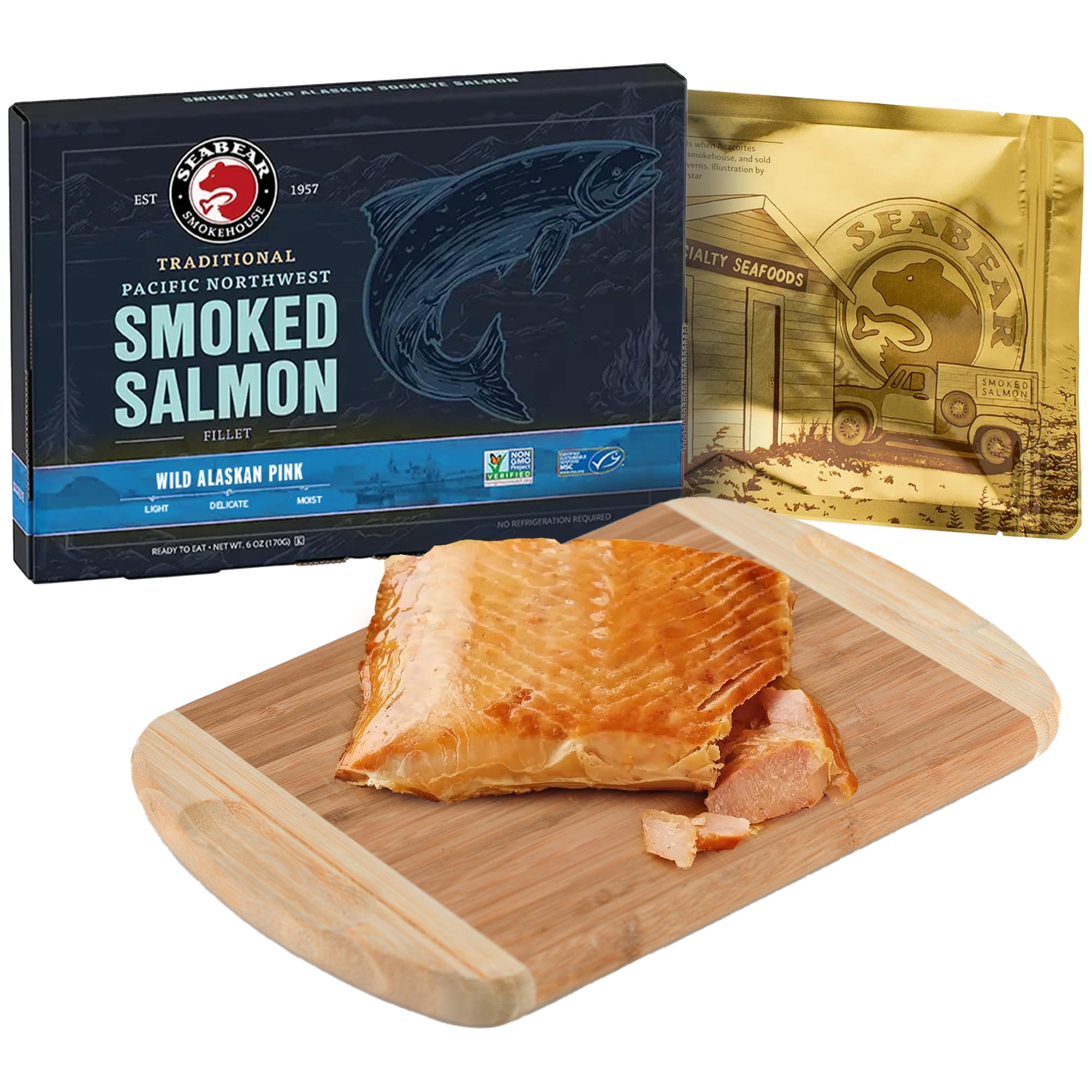SeaBear Wild Alaska Pink Smoked Salmon, 6oz Fillet, Shelf-Stable Wild Caught Smoked Salmon Fillet, Ready to Eat, 6 Ounce Filet