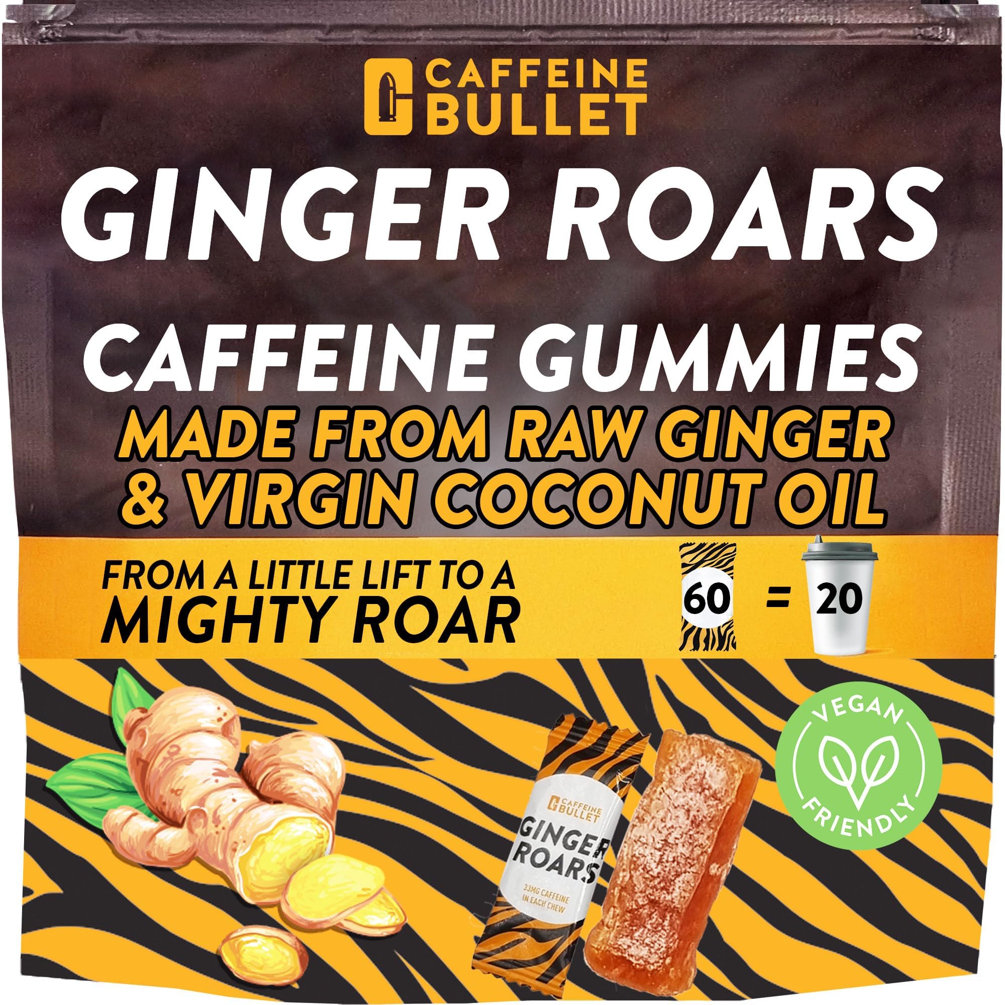 Ginger Roars - 60 Energy Gummies - Vegan Caffeine Chews Each 33mg Caffeine, M...