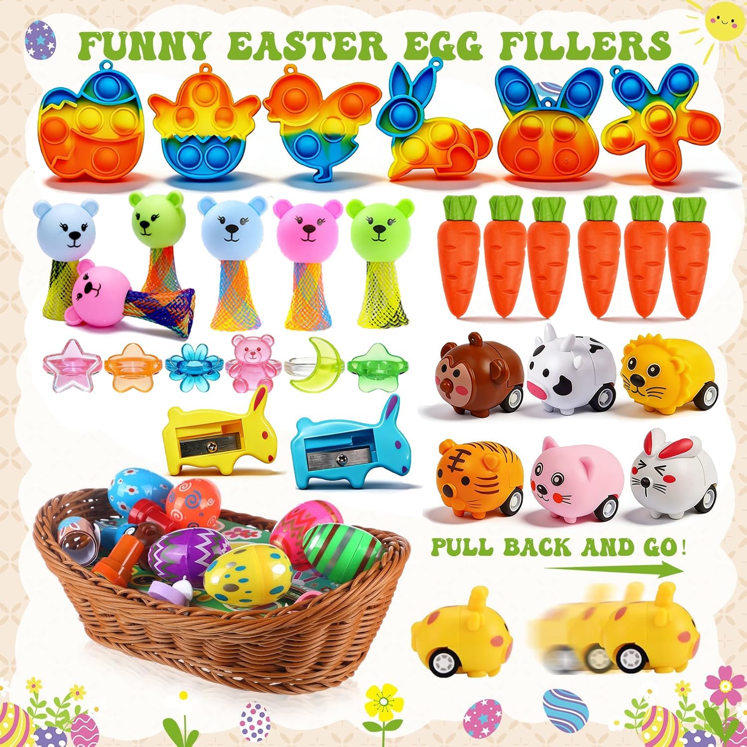 132 Pcs Easter Egg Fillers, Easter Basket Stuffers for Kids Toddlers Boys Girls, Easter Party Favors Bulk Small Toys,Easter Eggs Hunt,Easter Gift Goodie Bags Stuffers Filling Treats Classroom Prizes