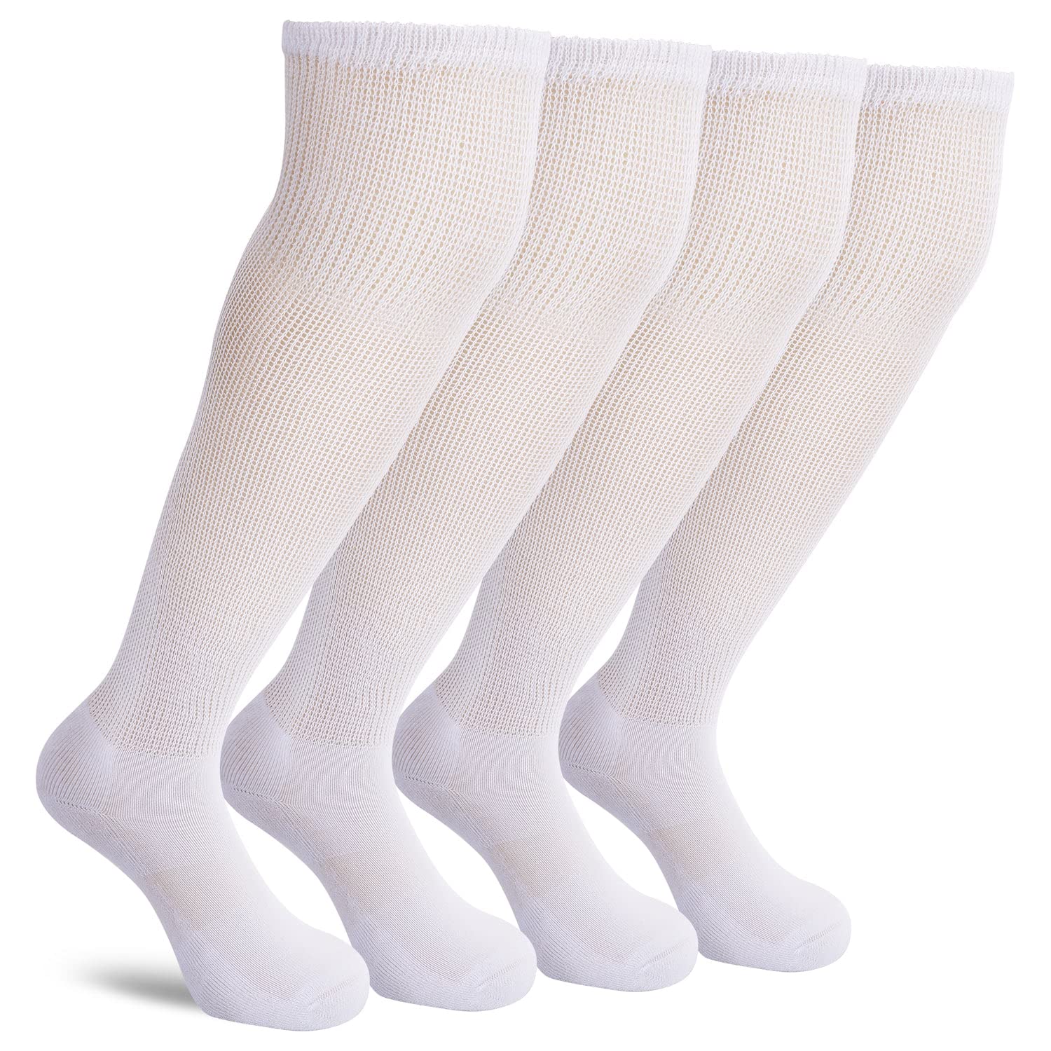 Athlemo Non-Binding Over the Knee Diabetic Socks for Men, 4 Pairs Circulatory Socks with Cushion Sole(White, 13-15)