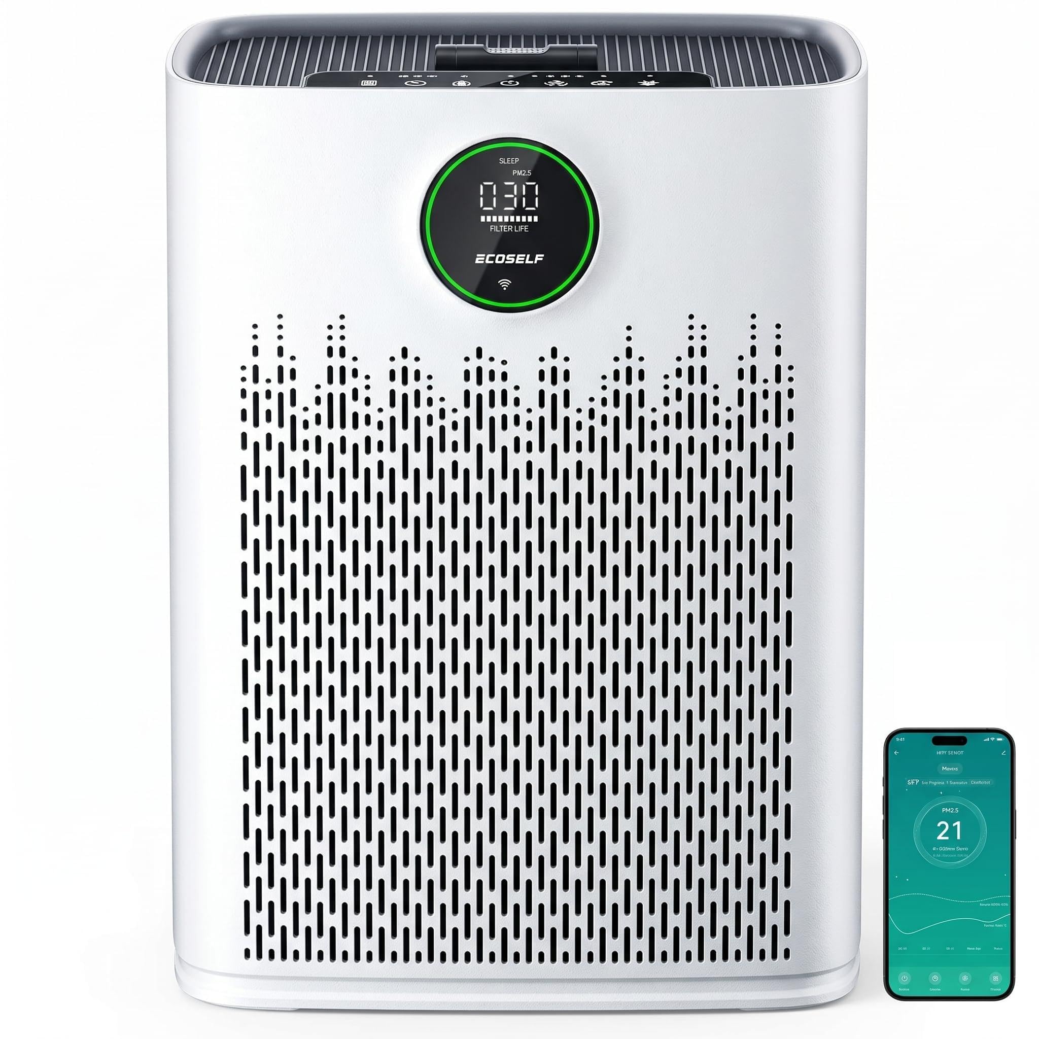 ECOSELF Smart Air Purifier for Home Large Rooms, with WiFi Control, Covers Up to 2400 Ft², Smart Mode, AQI Display, 22dB Sleep Mode with 2X-Power Filtration, HAP603WF, White