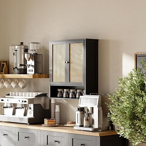 Miniatura 4 de HITNET Armario de pared, botiquín de bambú con puertas de ratán y estante ajustable, organizador de almacenamiento colgante sobre el inodoro para