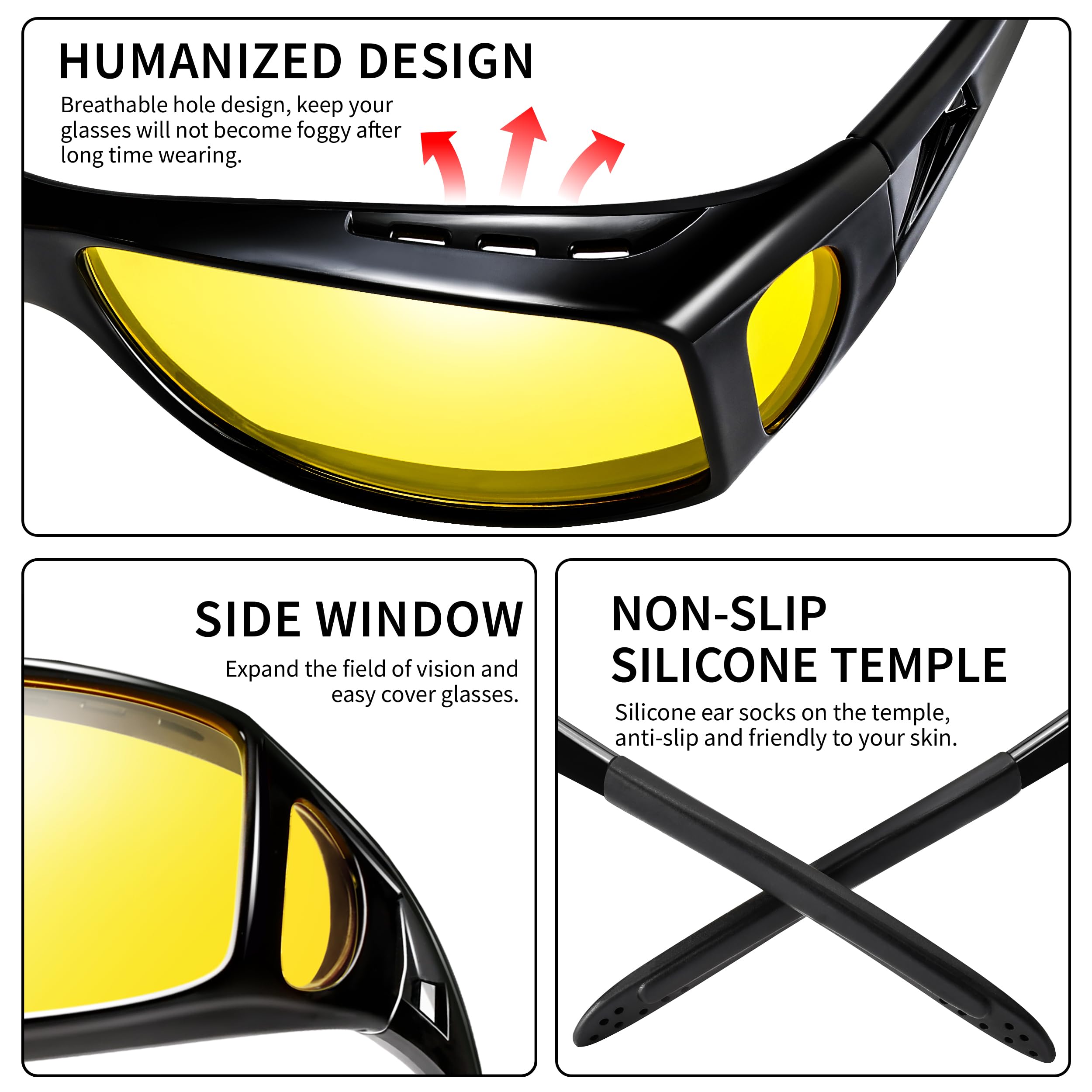 Nachtfahrbrille passt über verschreibungspflichtige Brillen, blendfrei, polarisiert, Wickel-Nachtsichtbrille für Männer und Frauen, A01 glänzender schwarzer Rahmen // Nachtsichtlinse, A03 Glossy Black