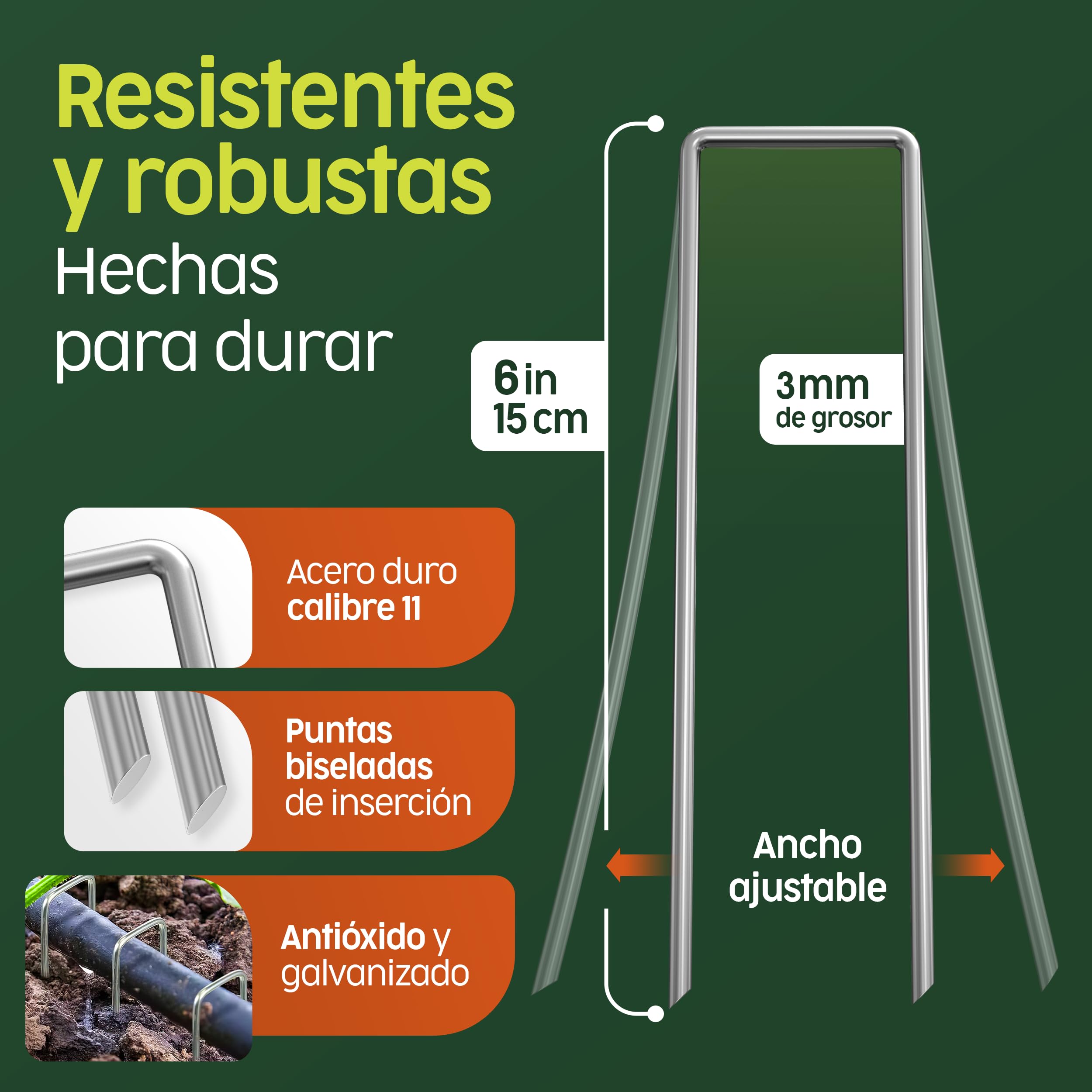 PORTENTUM Grapas Césped Artificial 50 Uds + 8 Arandelas – Piquetas Camping Suelo Duro – Estacas para Tomateras – Grapas Malla Antihierbas – 150 mm Alto – Ancho Ajustable – 3 mm Grosor