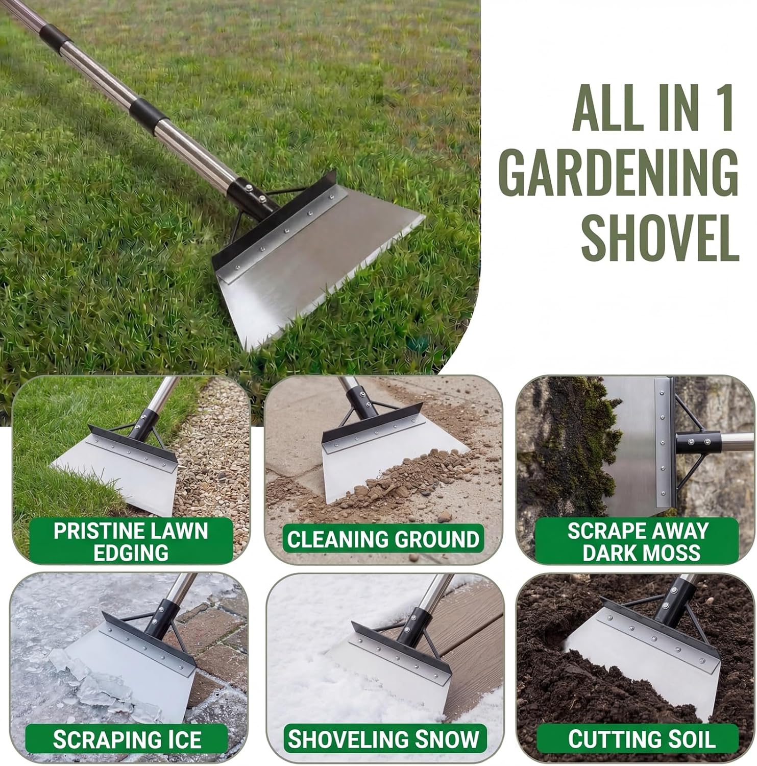 Garden Flat Shovel,Metal Floor Scraper with 60" Adjustable Long Handle,Multifunctional Cleaning Shovel,Stainless Steel Weeding Scraper for Scraping,Lawn Edging,Sidewalk,Snow Ice Removal,Outdoor