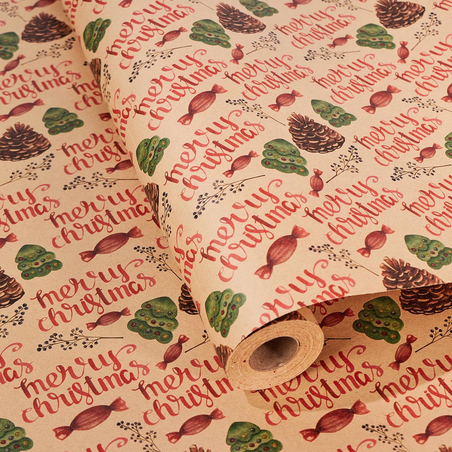 Christmas Gift Paper Roll, 43cm x 15m Christmas Gift Wrapping Paper Kraft Christmas Wrapping Paper for Christmas, Party, Festive Decorations (Pine Cone Candy)