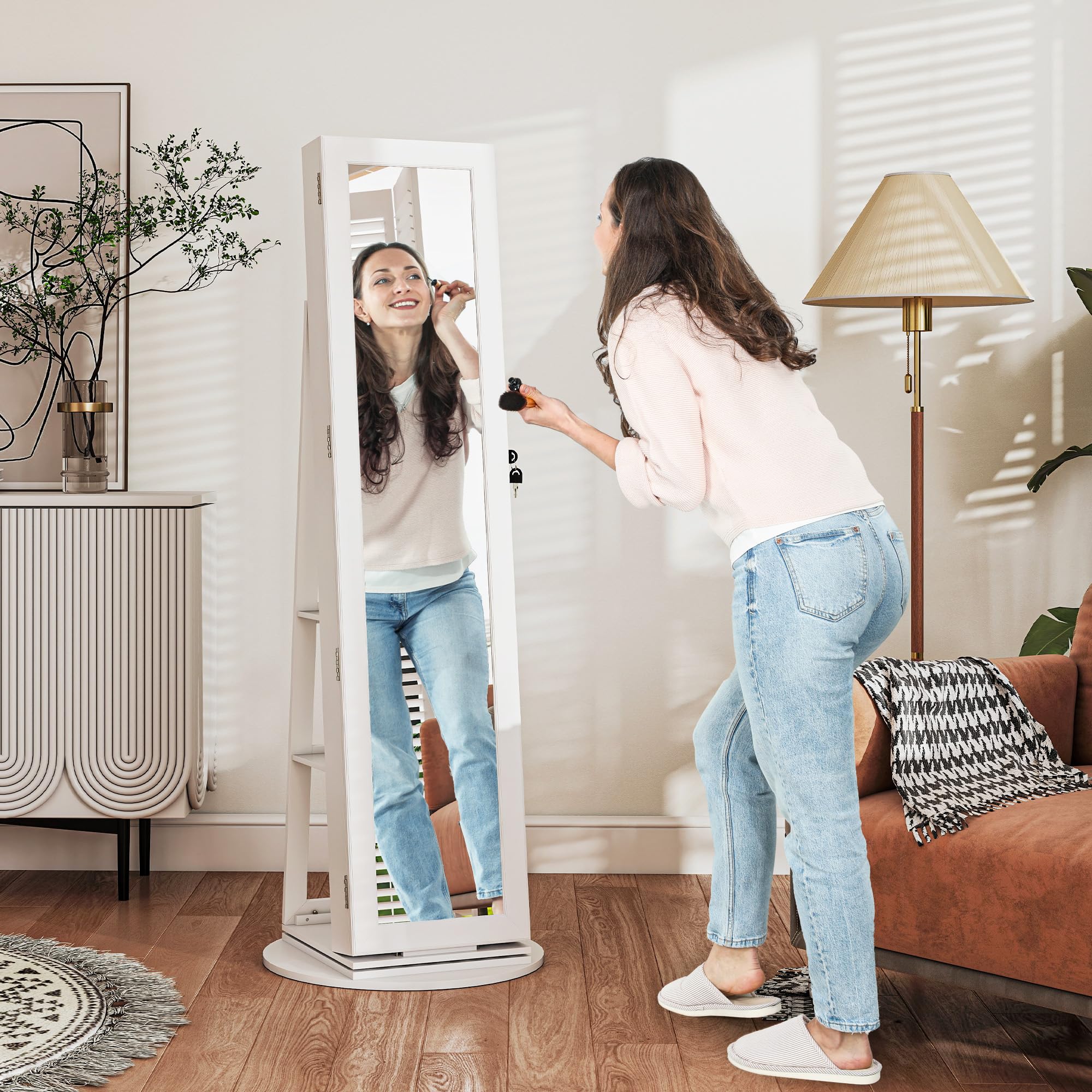 HOMCOM Espejo giratorio 360° para joyería, armario con cerradura y llave, espejo de cuerpo entero con 3 estantes detrás y 2 cajones, 55x55x161 cm, blanco | Armario joyero, cierre con llave, espejo de figura completa, 3 estantes en la parte posterior, 2 ca